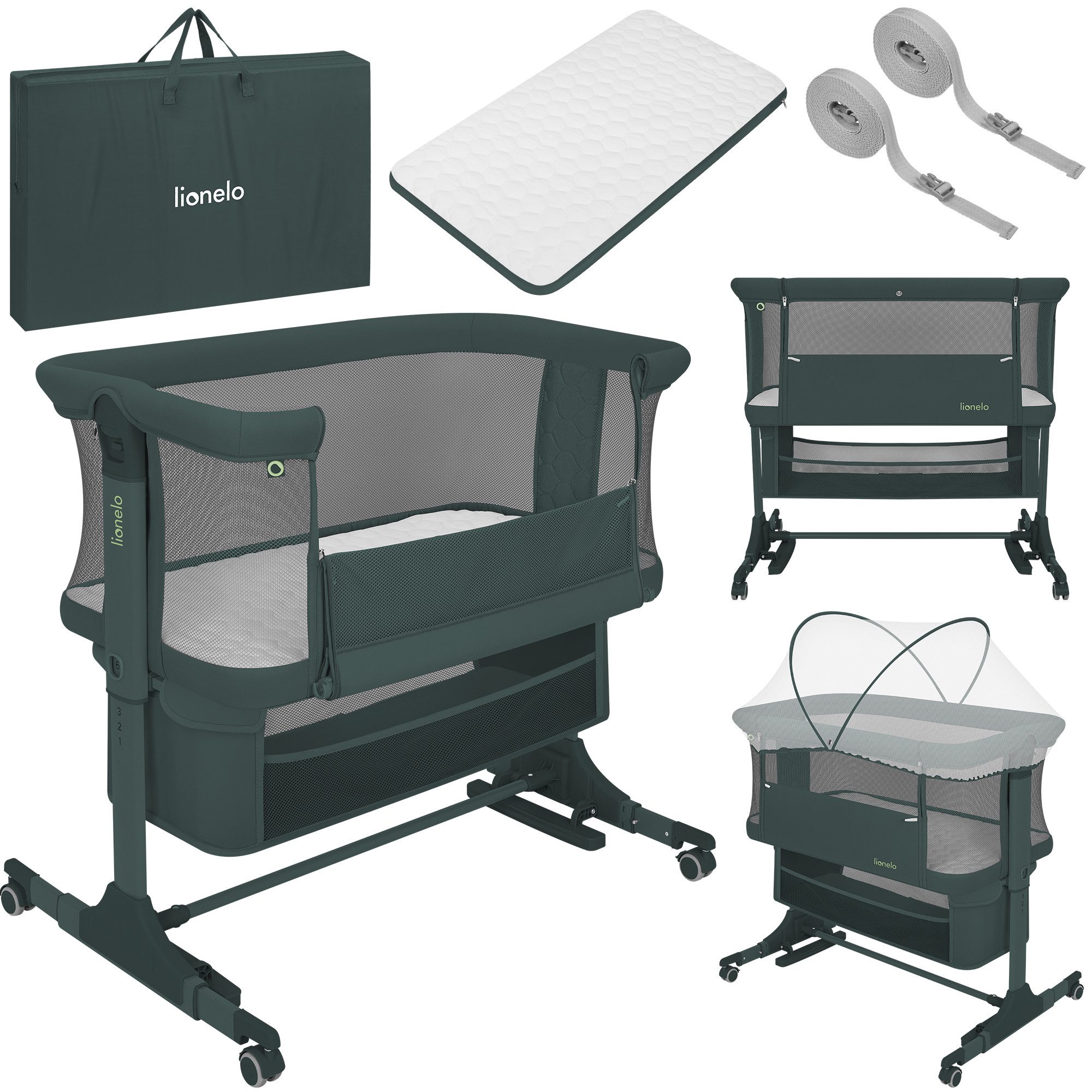 lionelo Baby-Reisebett JODIE, 3in1 Beistell/freistehend/Wiege/6 Stufen/Netzseiten/4 Rollen