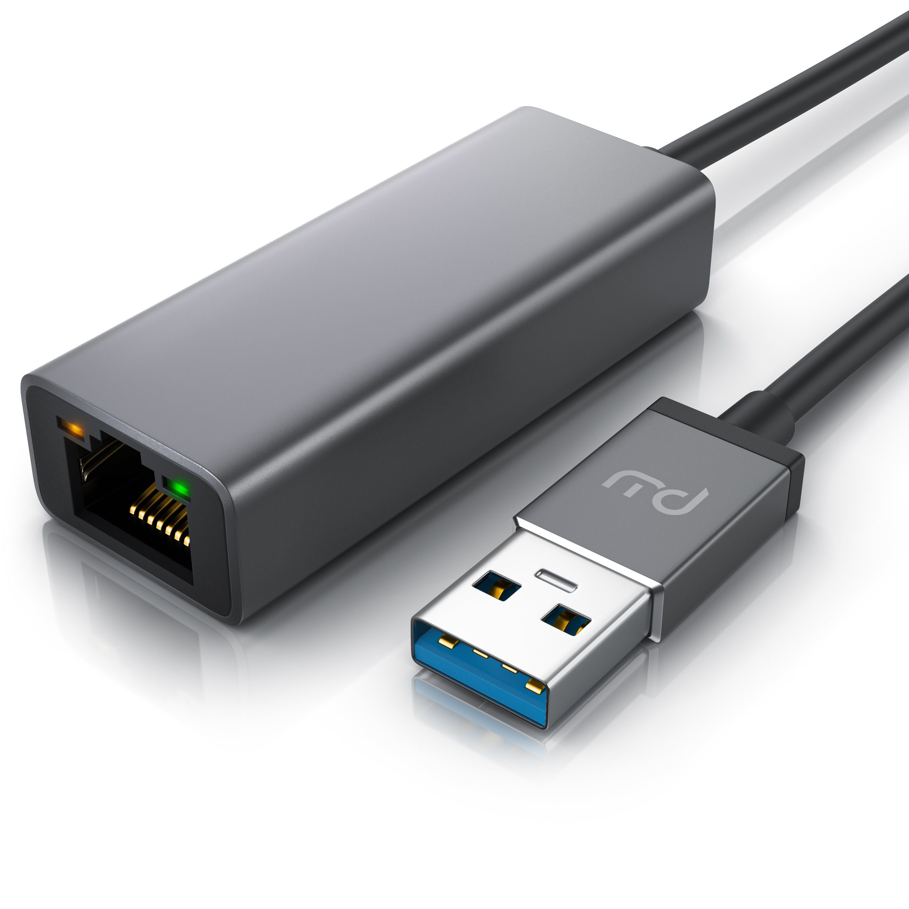 Primewire USB 3.2 Netzwerkadapter, extern Gigabit RJ45 Anschluss, Kabel 13,5 cm Netzwerk-Adapter USB Typ A zu RJ-45 (Ethernet), USB TYP A Stecker auf RJ45, bis zu 1000 Mbps/ 1000 Base-T, Alugehäuse