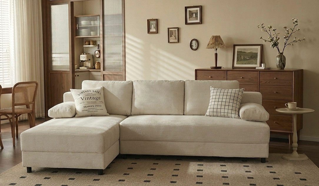 OTTO home Schlafsofa ONNIKO Ecksofa L-Form Cord, Breite: 240 cm, softer Cord-Bezug, mit Bettfunktion & Bettkasten (Liegefläche 120/240 cm)