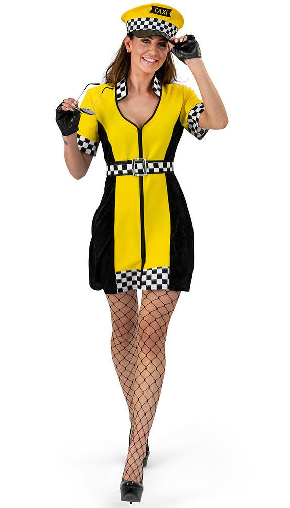 Karneval-Klamotten Kostüm Taxifahrer Damen Taxifahrerin gelb schwarz, Taxifahrerin Uniform Chauffeur Kleid mit Gürtel Frauenkostüm Karneval