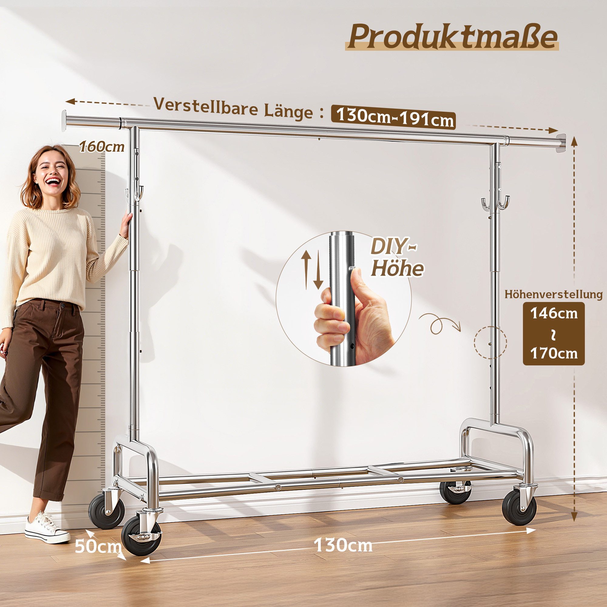 Klyvvo Kleiderständer auf Rollen, Ausziehbare Schwerlast Kleiderständer Stabil mit Rollen, (1 St), aus Metall für Kleider, Pullover, Mäntel, bis 150kg Belastbarm