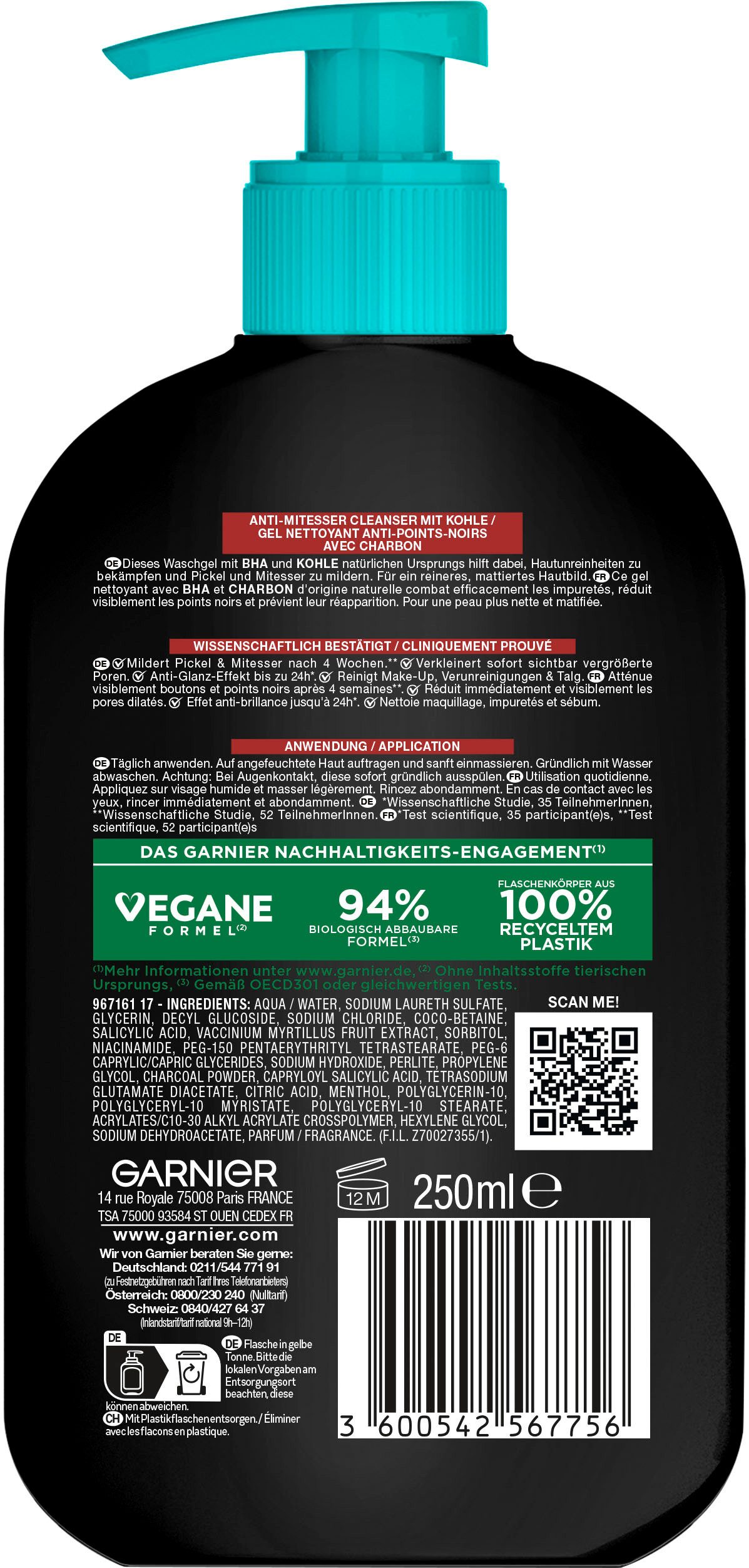 GARNIER Gesichtsreinigungsgel GARNIER SKIN ACTIVE BHA CARBON CLEANSER ANTI-MITTESSER, mildert Unreinheiten, erneuert Haut, sorgt für mattierte Haut