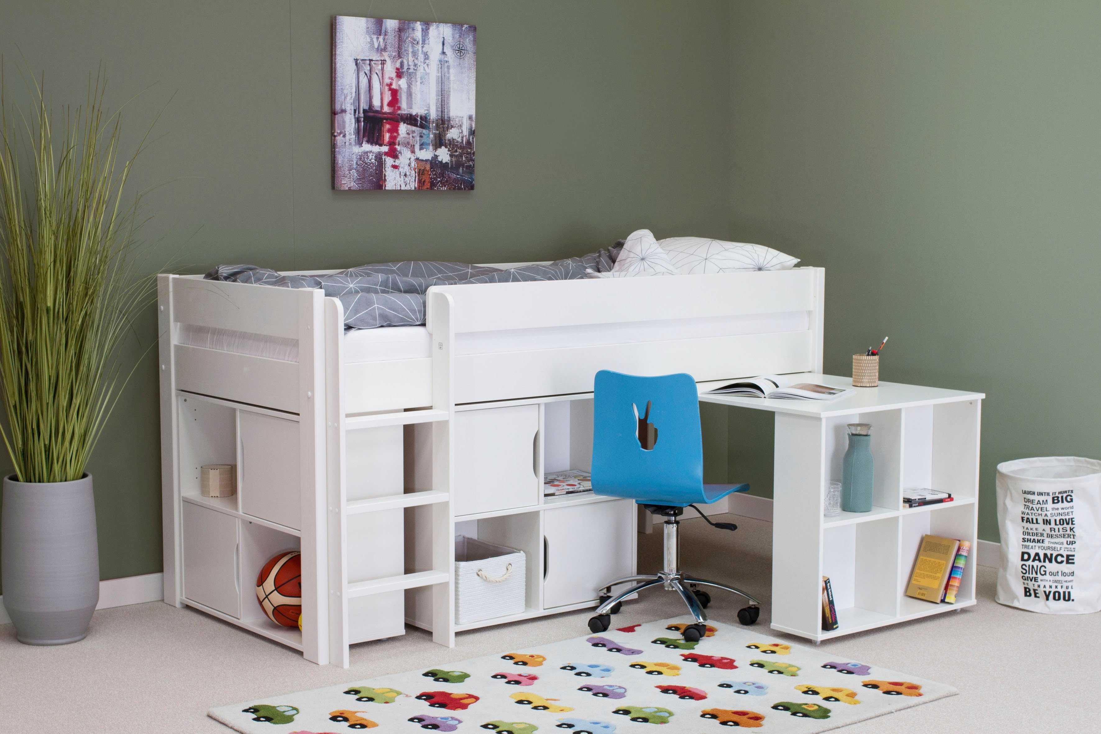 OTTO home Hochbett "ROBIN " Massivholz, viel Stauraum, seitenverkehrt montierbar (4-tlg), inklusive Schreibtisch und zwei Kommoden