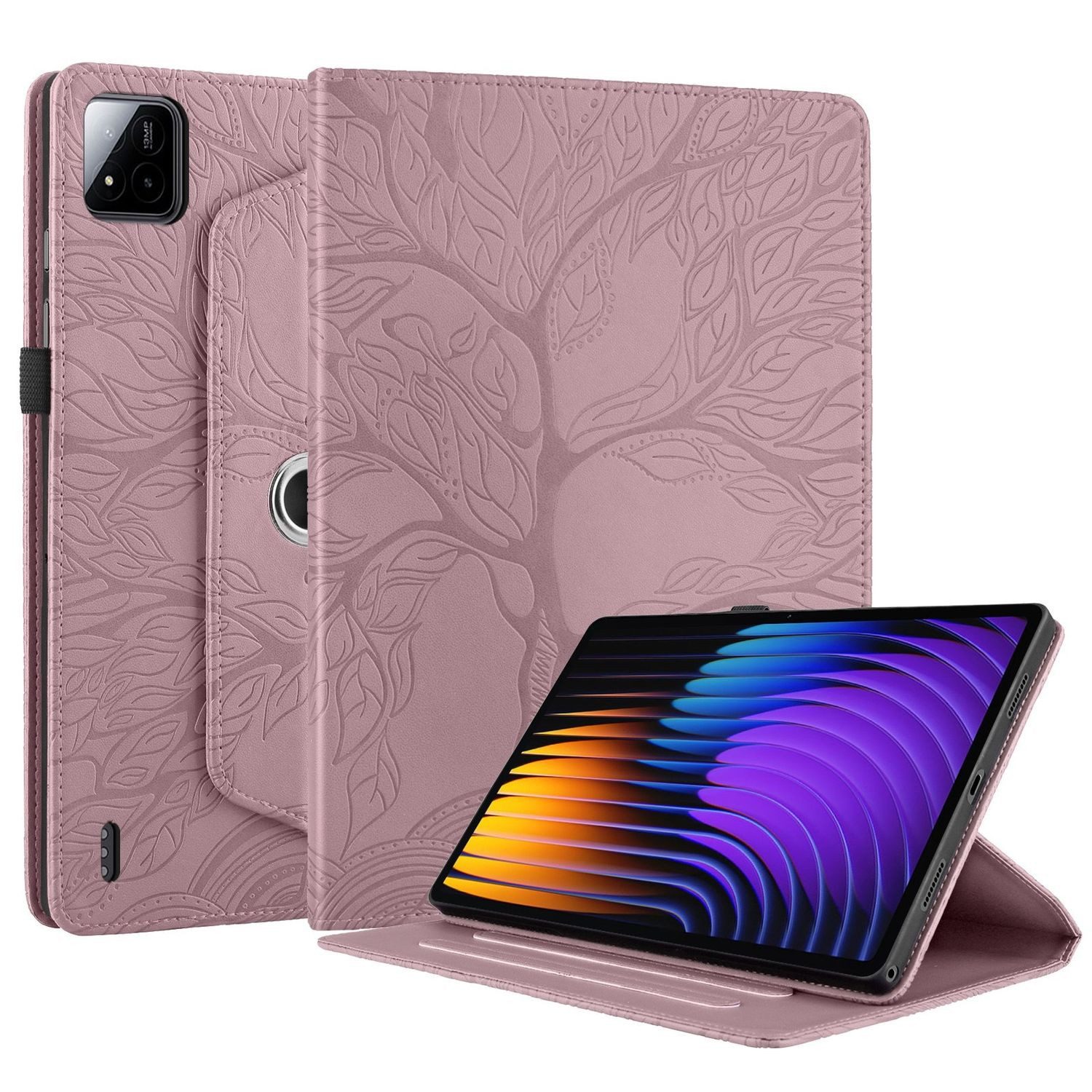 Wigento Tablet-Hülle 360 Grad für Xiaomi Pad 8 / 8 Pro / Pad 7 / 7 Pro Baum Book Pink, 360° Drehfunktion, Baum des Lebens Motiv, Standfunktion