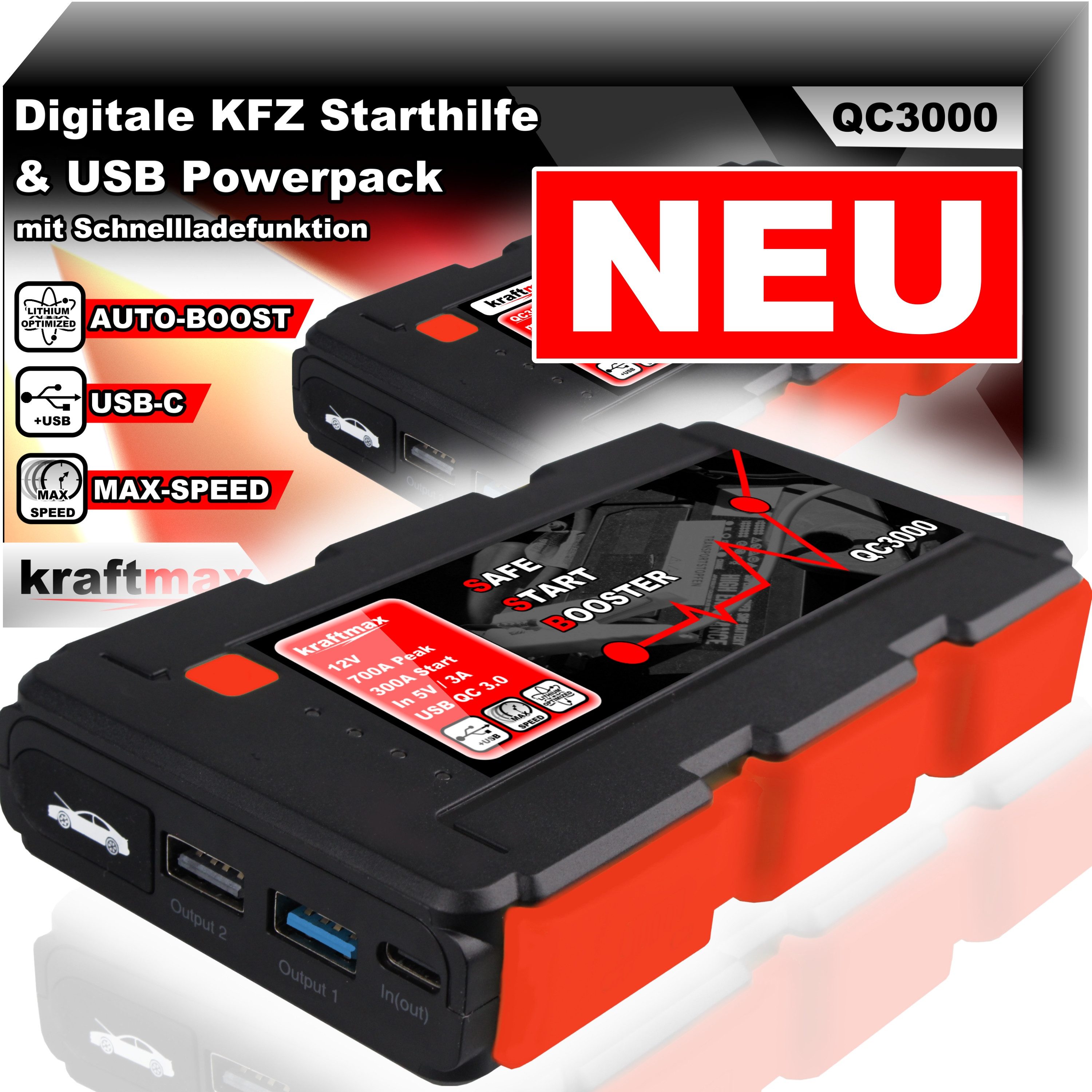 QC3000 Jumpstarter Powerbank KFZ Starthilfe für 12V Autobatterie Starthilfegerät