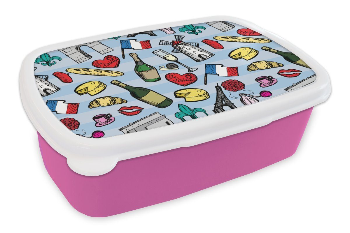 MuchoWow Lunchbox Paris - Muster - Frankreich, Kunststoff, (2-tlg), Brotbox für Erwachsene, Brotdose Kinder, Snackbox, Mädchen, Kunststoff rosa