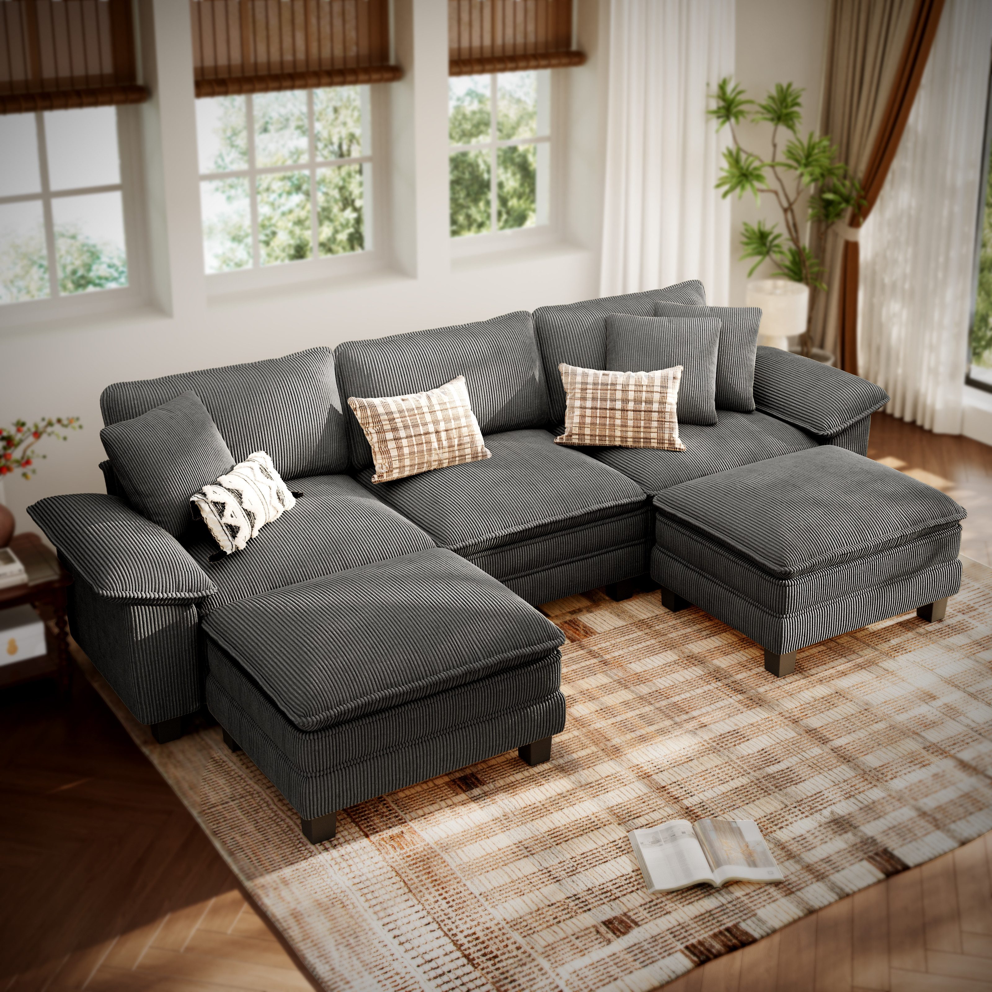 PHI VILLA Ecksofa L-Form Couch, 4-6-Sitzer-Sofa, Modulare Sofas inklusive Zierkissen und Ottomane für das Wohnzimmer