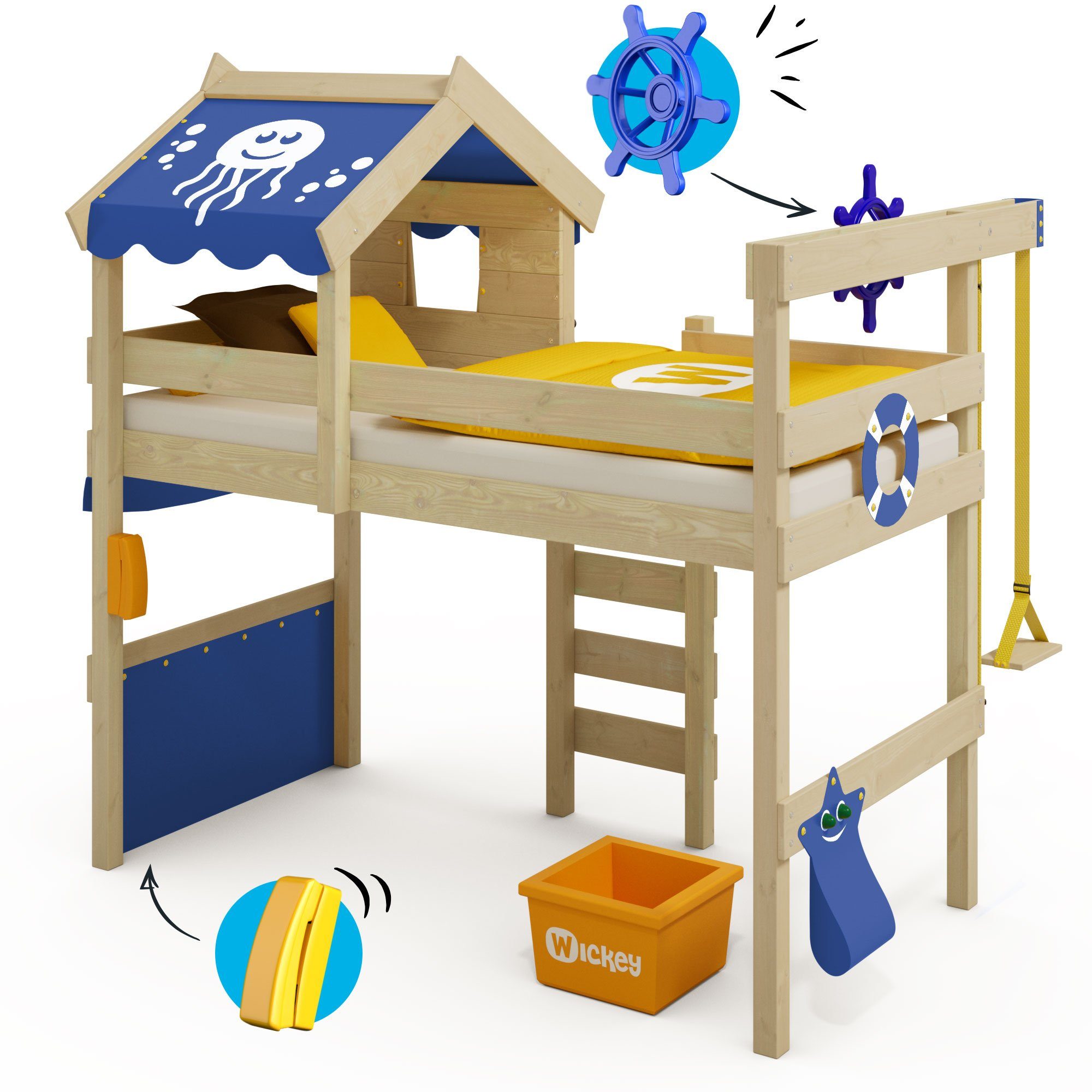 90 Etagenbett Crazy (Holzpaket 200 x Spielbett, Kinder), für Blau Spielbett Kinderbett cm, Massivholzbrett aus Brettern, und Pfosten Jelly Wickey -