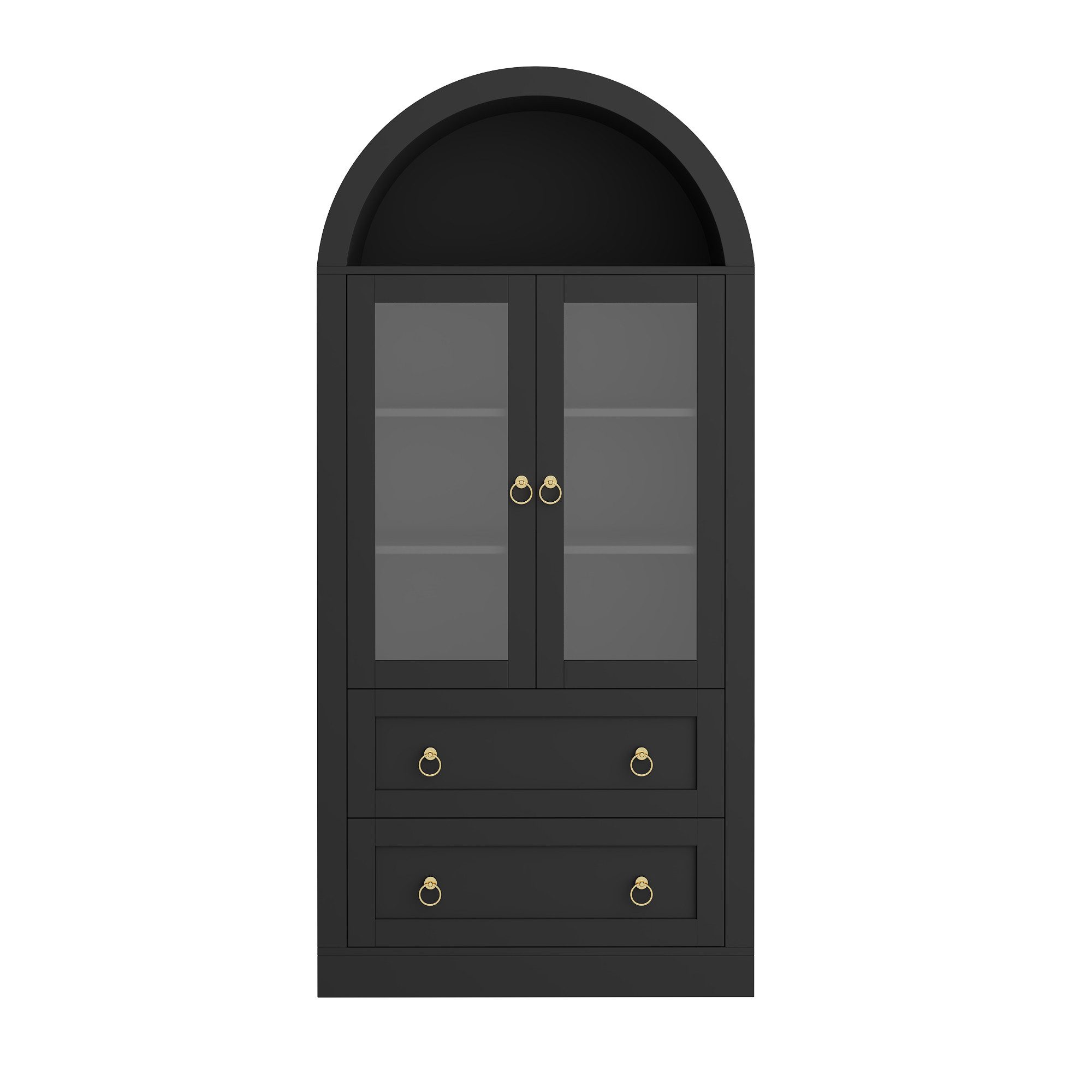 Flieks Hochschrank Bogen-Glasvitrine mit Schubladen, Doppeltüren und Retro-Metallgriffen (mit verstellbarer Einlegeböden, 1-St., 80x36x170 cm) Mehrzweckschrank Küchenbuffet Wohnzimmerschrank Schwarz