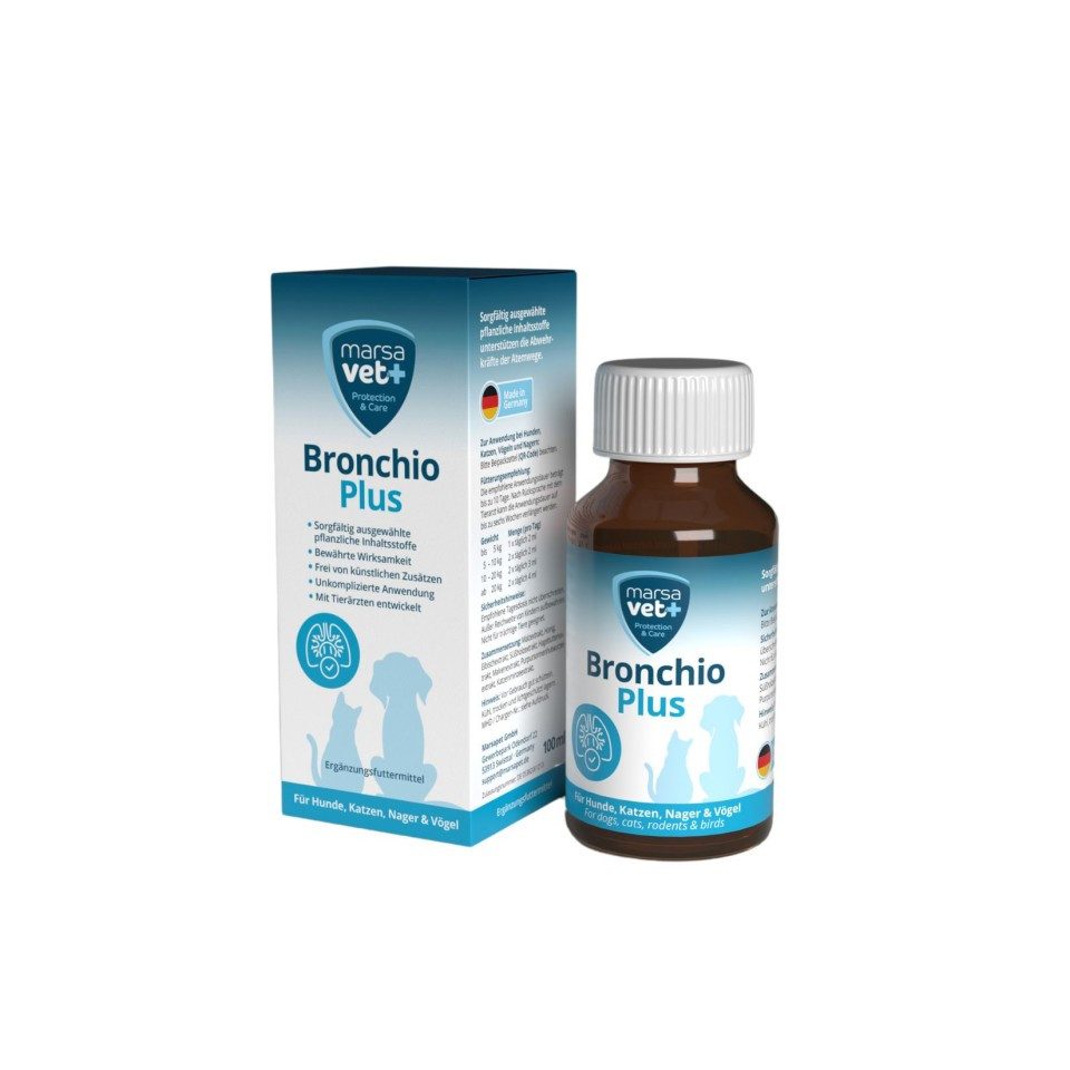 marsavet+ Bronchio Plus Tropfen mit Honig und Eibisch für Hund & Katze - 100 ml, Ergänzungsfutter für: Katzen, Hunde, zur Unterstützung der Atemwege, auch für Kleintiere von marsavet+