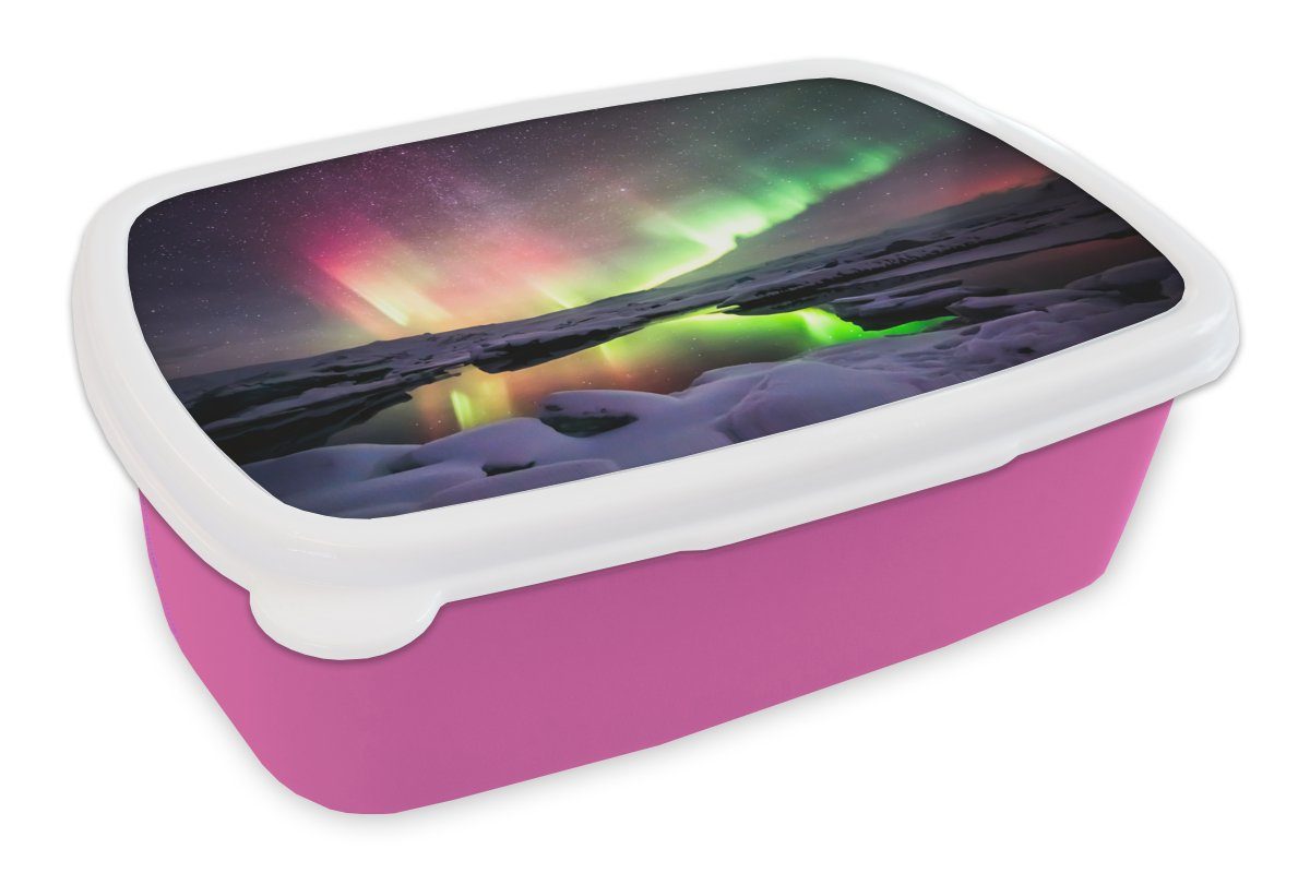 MuchoWow Lunchbox Nordlichter - Schnee - Island, Kunststoff, (2-tlg), Brotbox für Erwachsene, Brotdose Kinder, Snackbox, Mädchen, Kunststoff rosa