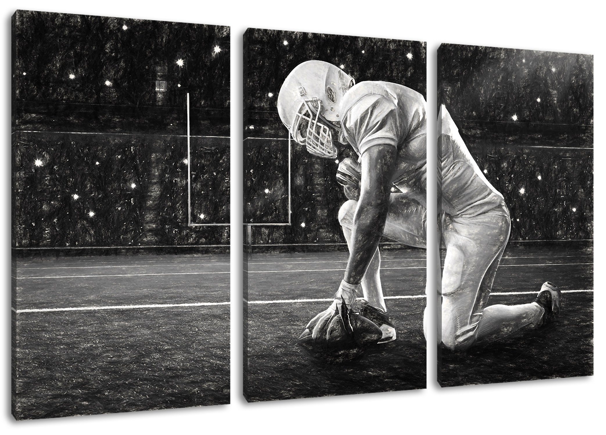 Pixxprint Leinwandbild knieender Football-Spieler Kunst, knieender Football-Spieler Kunst 3Teiler (120x80cm) (1 St), Leinwandbild fertig bespannt, inkl. Zackenaufhänger