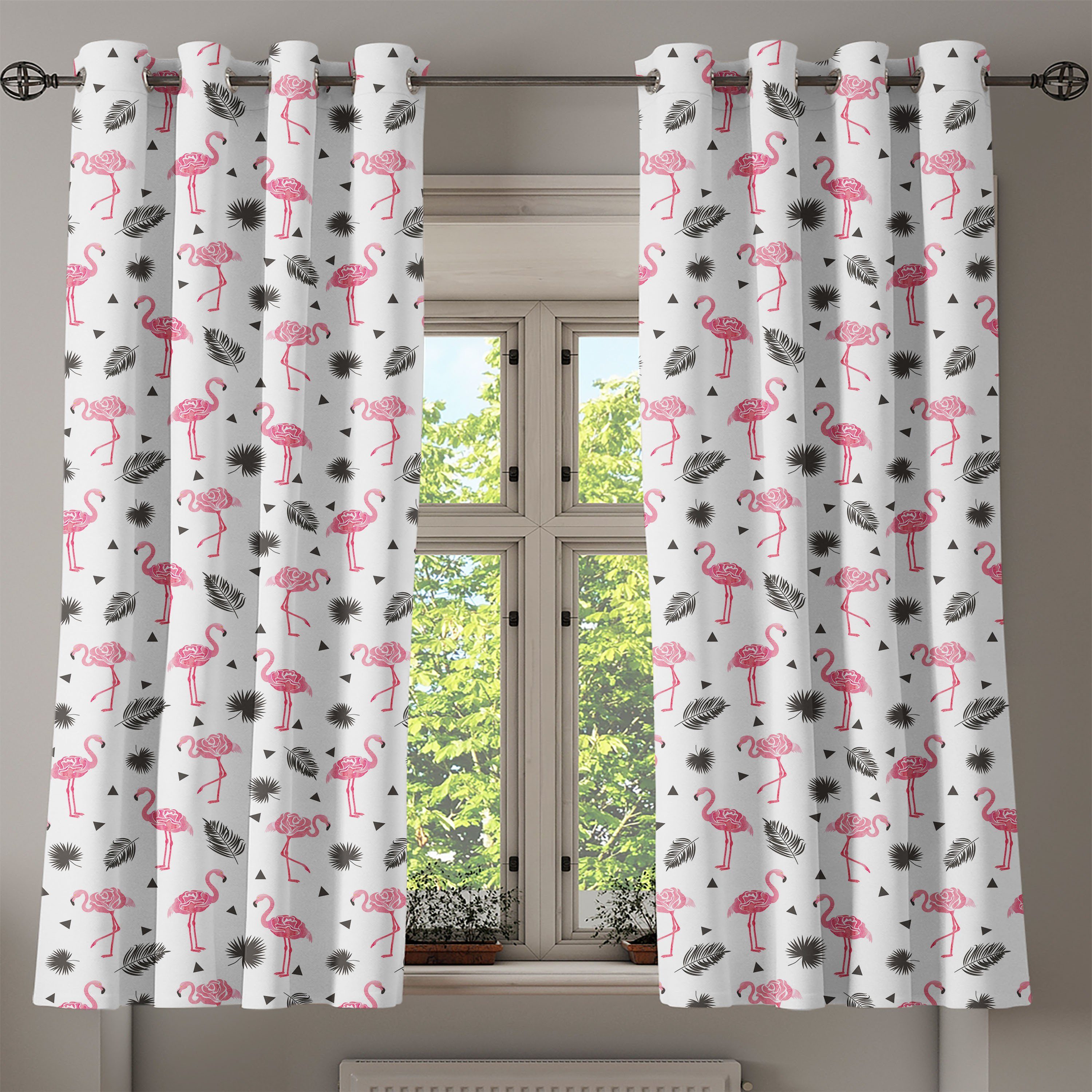 Dekorative Gardine Wohnzimmer, Flamingo Abakuhaus, Flamingo Aquarell-Kunst Schlafzimmer 2-Panel-Fenstervorhänge für