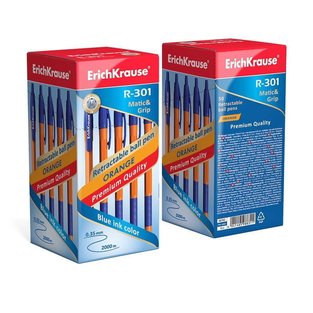 Erich Krause Kugelschreiber, Druckkugelschreiber R-301 Orange 0,35mm mit Gummigriff 50er Set Blau