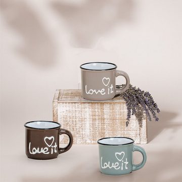 matches21 HOME & HOBBY Tasse Espresso-Tassen 6er Set Emaille-Optik einfarbig mit Spruch Love it, Keramik, Kleine Kaffee-Tassen, dickwandig, modern, braun grau beige, 50 ml