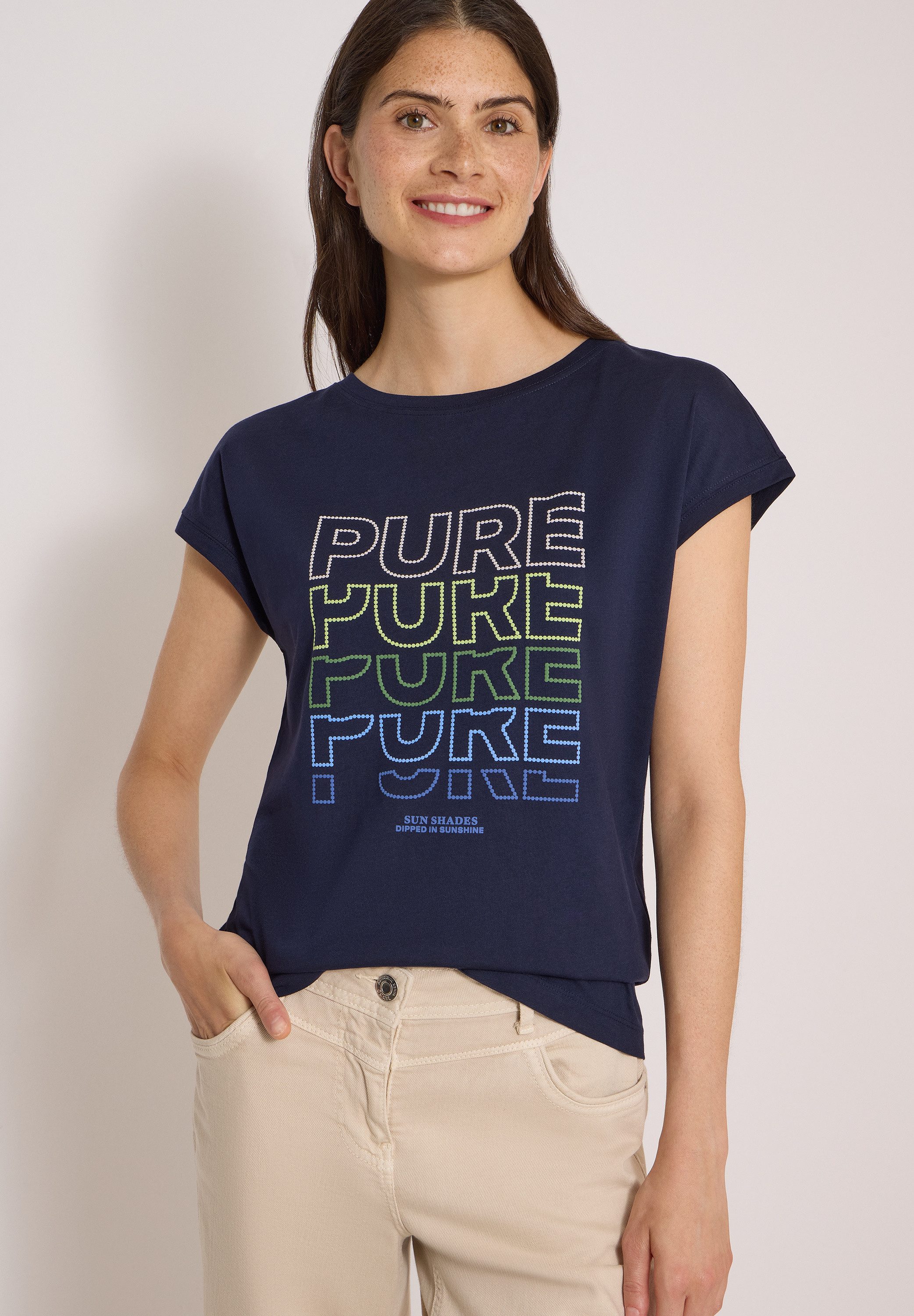 CECIL Kurzarmshirt Sommershirt mit Boat Neck und Frontprint