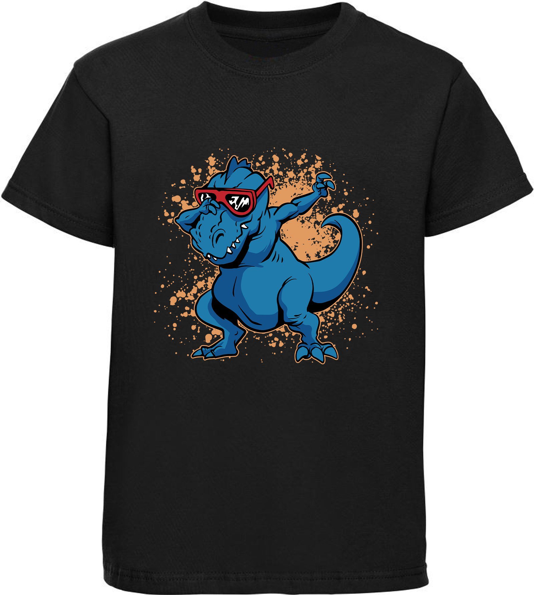 MyDesign24 T-Shirt bedrucktes Kinder T-Shirt am Brille mit Aufdruck, Baumwolle tanzen schwarz Dino i49 mit T-Rex 100