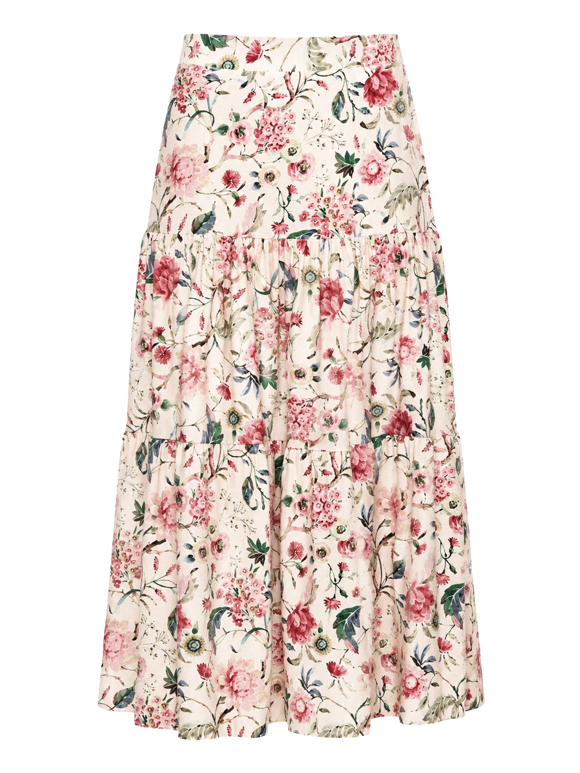 SASSYCLASSY Maxirock Maxi Rock mit Blümchendruck für Damen Fließender Rock mit angesetzten Stufen im luftigen Fall Beige