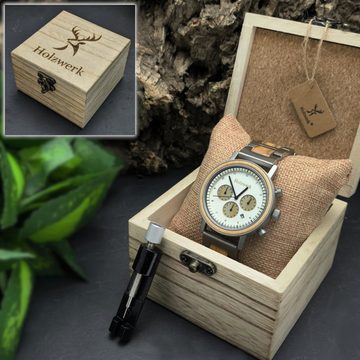 Holzwerk Chronograph VIERSEN Herren Edelstahl & Holz Armband Uhr, silber, beige