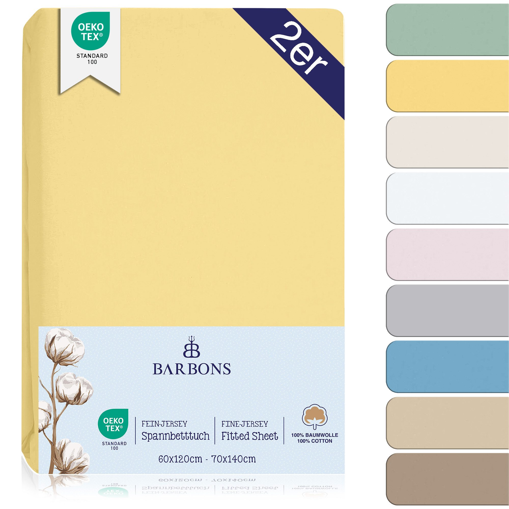 BARBONS Spannbettlaken 60 x 120 für Baby, 70 x 140 Jersey Bettlaken Babybett, Kinderbett, (2 Stück), 100% Baumwolle