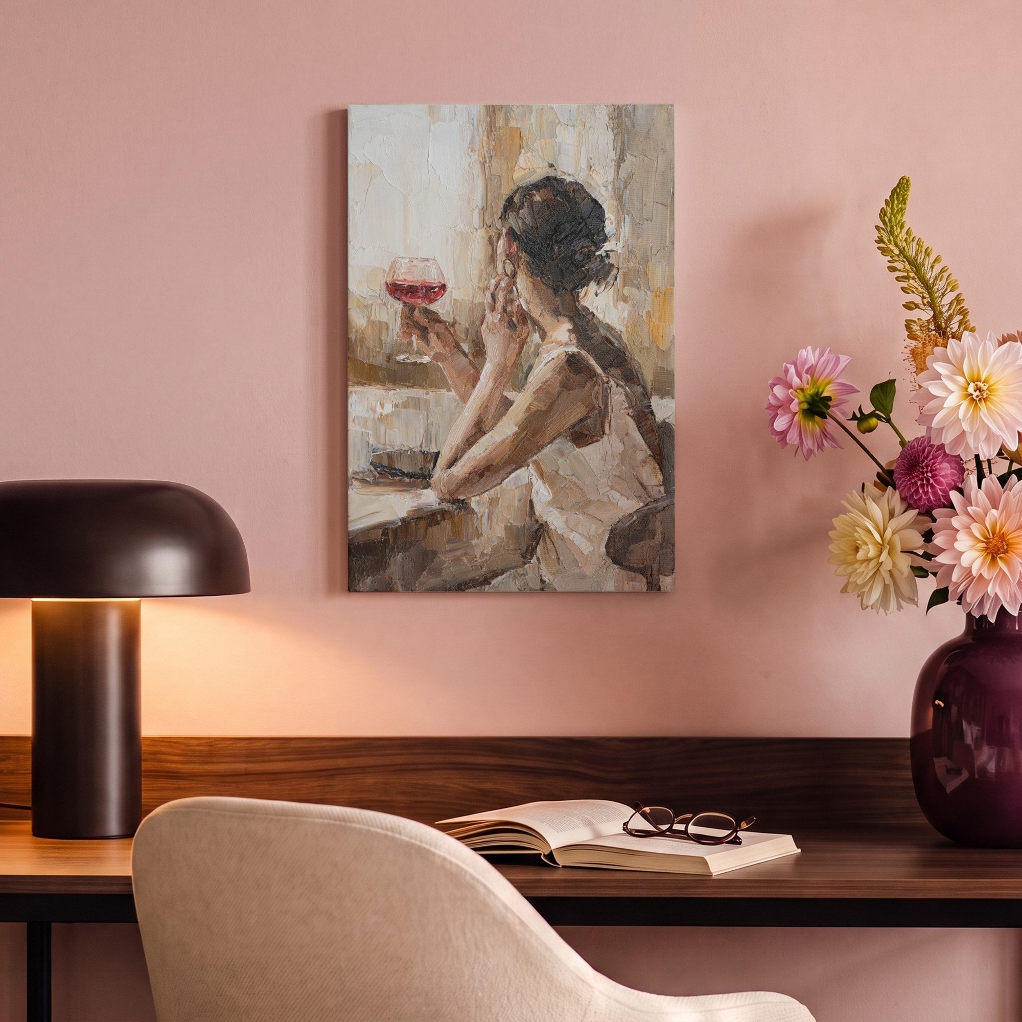 OneMillionCanvasses® Leinwandbild Kunstdrucke - Ölfarbe - Frau - Wein, Fotodruck (1 St), Wandbild, Deko Schlafzimmer Wohnzimmer Flur 20x20 cm – Bild 4 von 5