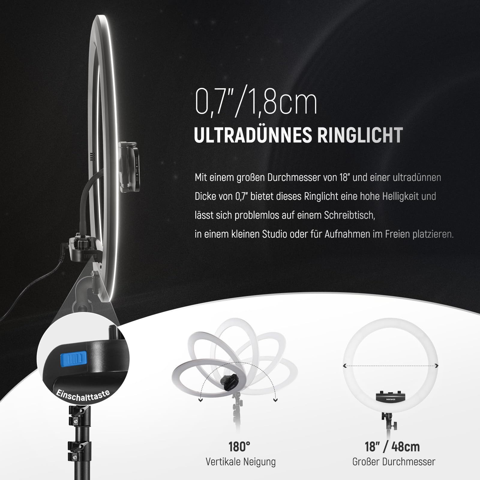 Neewer Ringlicht RP18B Professionelles Ringlicht 45W, 18" dünn, mit Telefonhalter, mit Ständer, Fernauslöser und App Steuerung, für Make up Live Stream