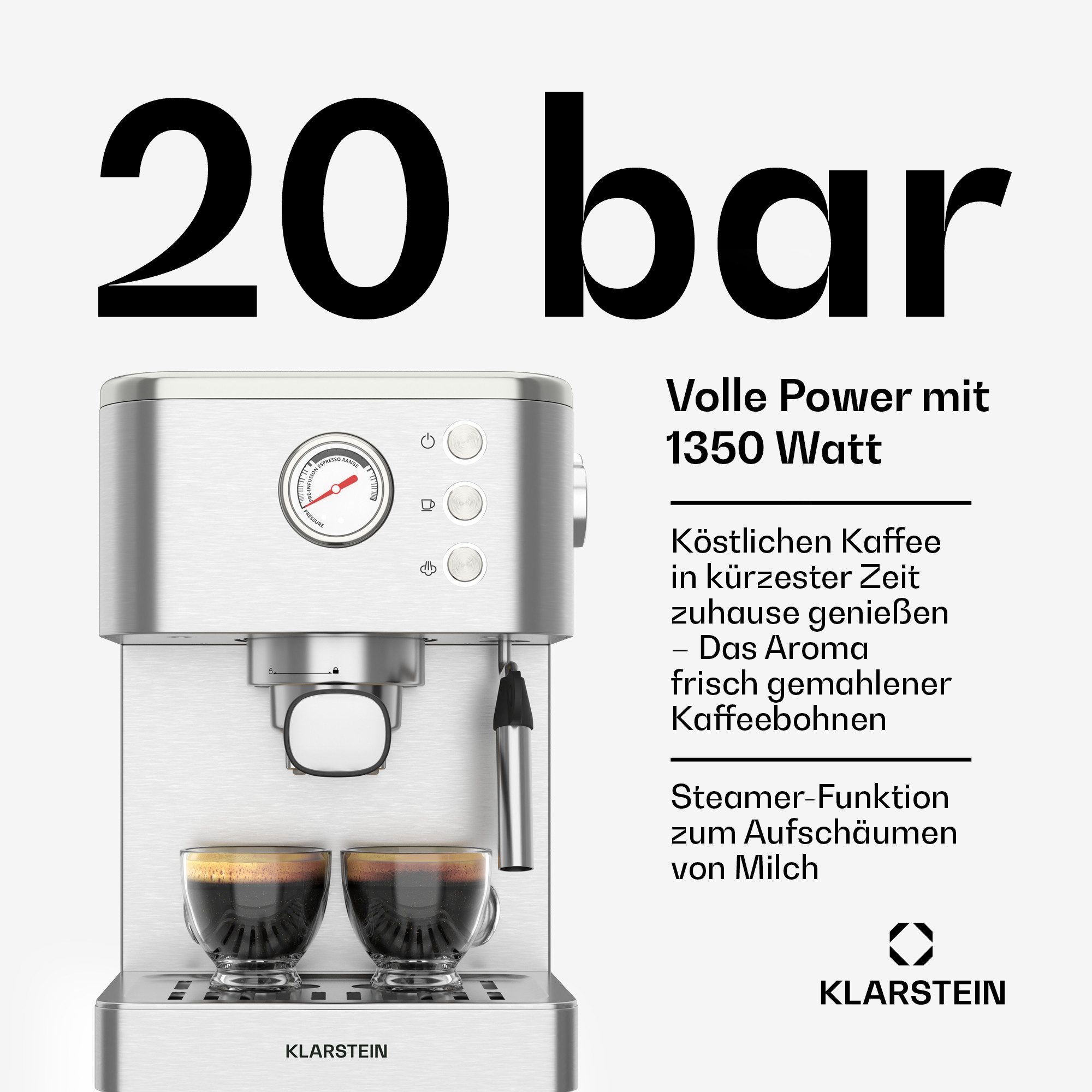 Klarstein Espressomaschine, 1.5l Kaffeekanne, 1 Aluminium-Portafilter, Elektrisch 20 Bar Espressomaschine Kaffemaschine Milchaufschäumer
