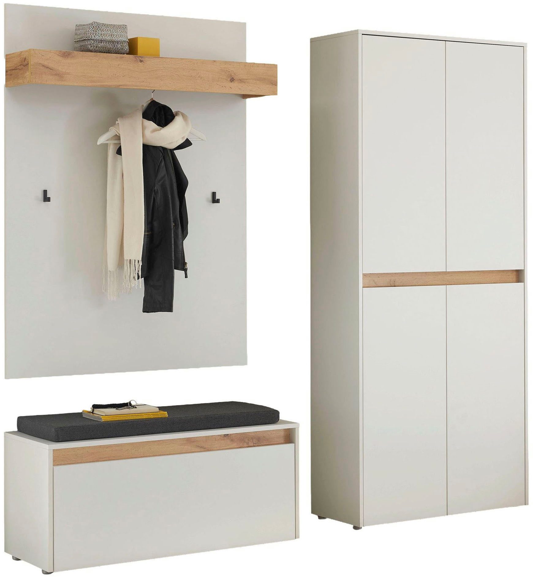 Home affaire Garderoben-Set City/Giron, moderne Garderobe, viel Stauraum, ca. 40 Schuhe, (Set, 3-St), enthält Schuhschrank, Garderobenpaneel & Garderobenbank mit Sitzkissen