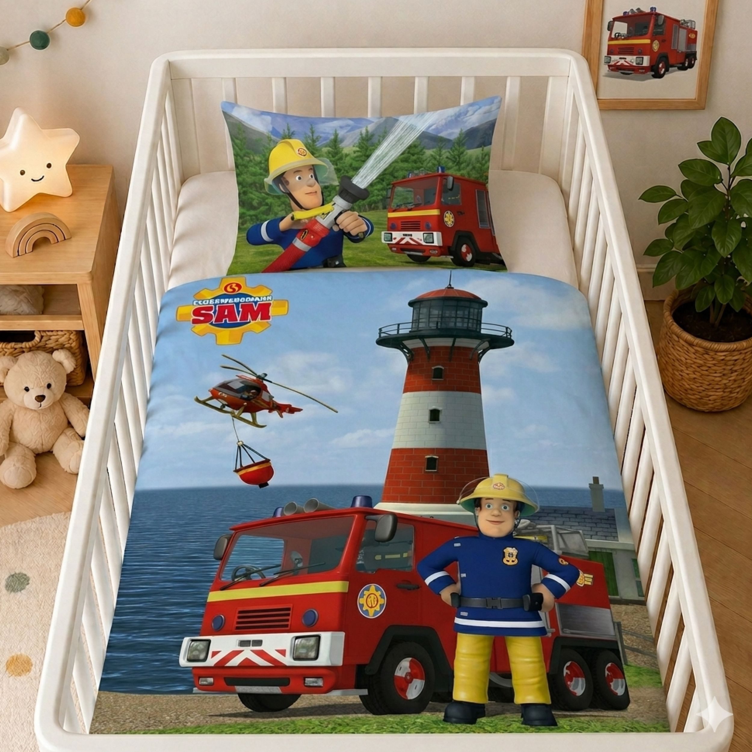 Familando Babybettwäsche Feuerwehrman Sam 100x135 40x60cm mit 2. Motiv zum Wenden, Renforcé, 2 teilig, liebevolle Wendebettwäsche für kleine Feuerwehr-Fans