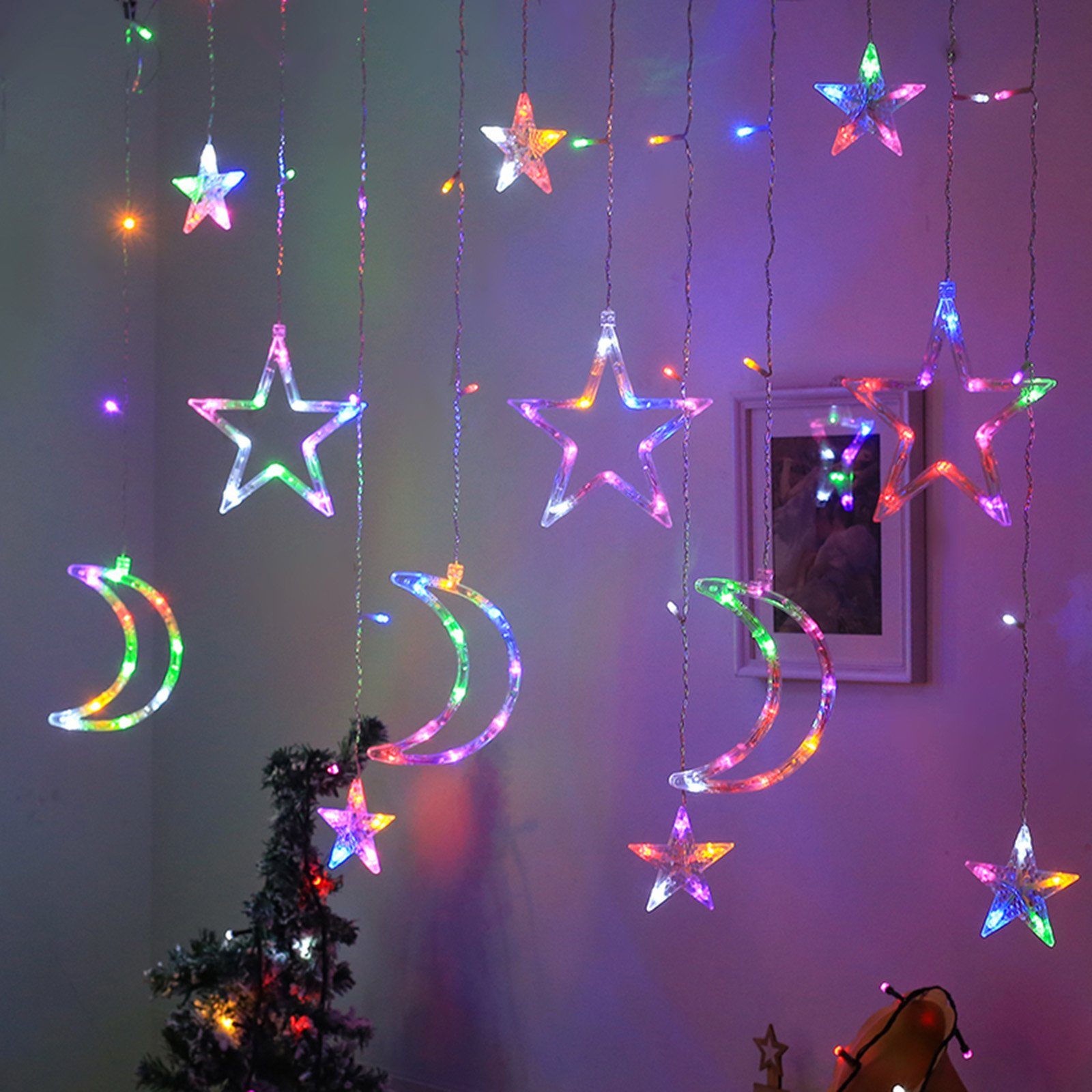 Sunicol B) Islam Modi,Ramadan Nachtlicht, Eid 3.5M Lichtervorhang Sterne LED-Lichterkette Multicolor( Lichternetz,8