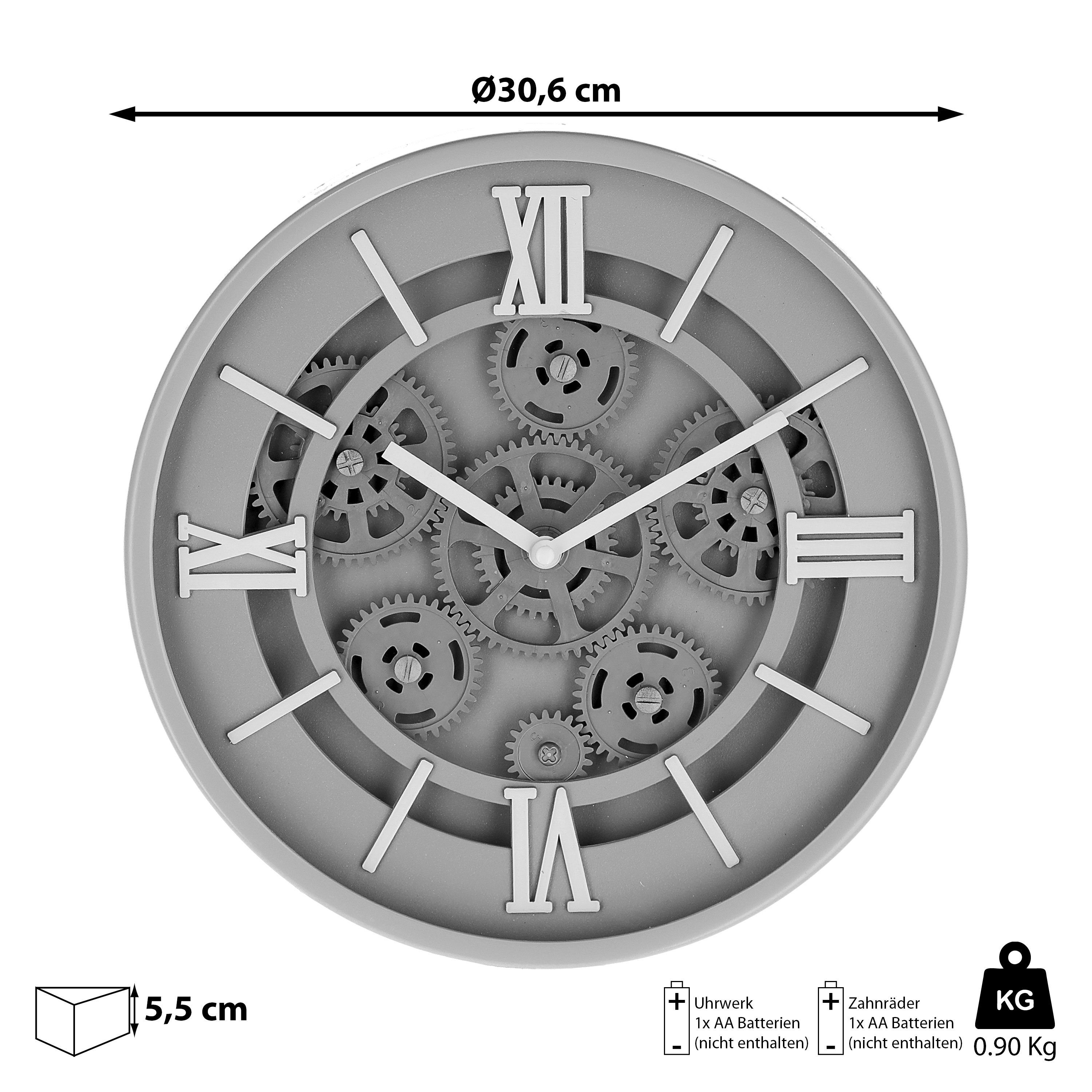 CEPEWA Wanduhr Wanduhr Zahnrad grau Ø30x5,5cm Batterie