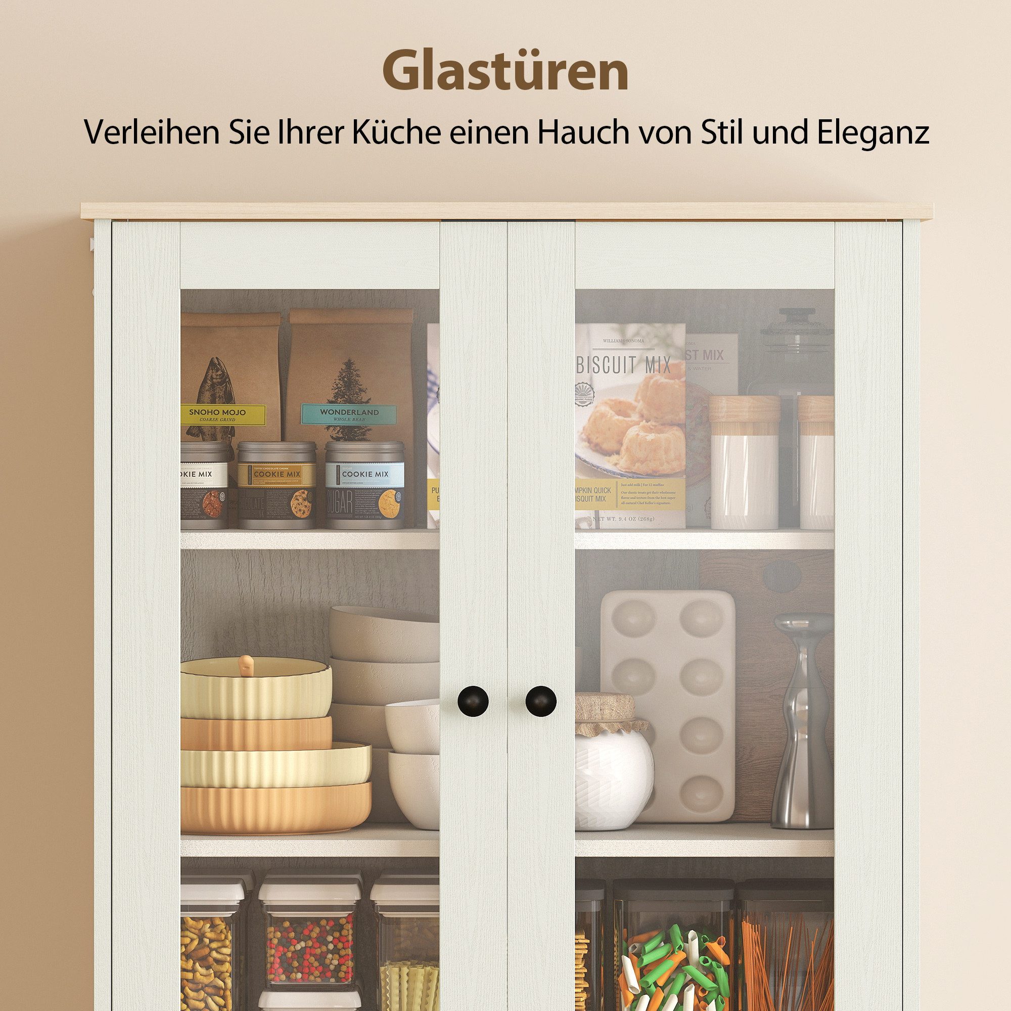 HOMCOM Hochschrank mit verstellbaren Regalboden (Buffetschrank, 1-St., Vorratsschrank) für Küche, Wohnzimmer, Esszimmer Cremeweiß, 76 x 40 x 182,5 cm – Bild 4 von 5