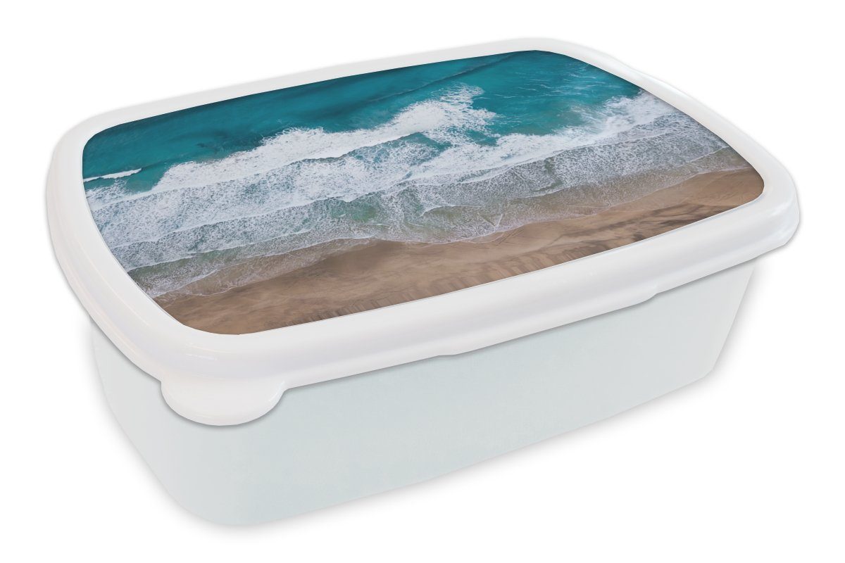MuchoWow Lunchbox Strand - Meer - Wasser - Blau, Kunststoff, (2-tlg), Brotbox für Kinder und Erwachsene, Brotdose, für Jungs und Mädchen weiß