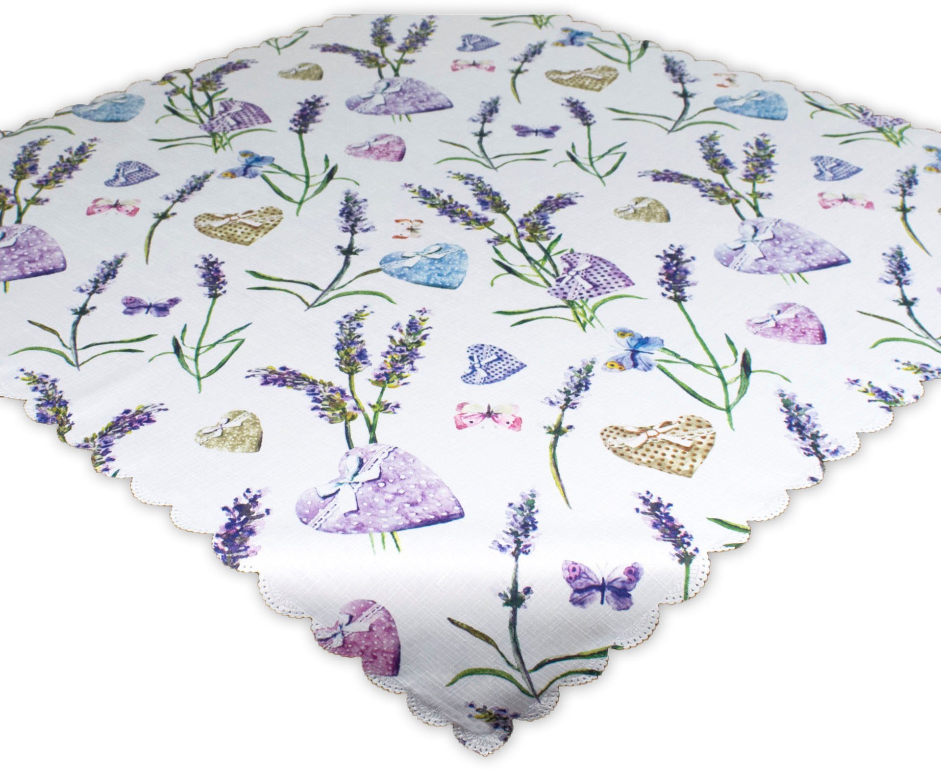 Delindo Lifestyle Mitteldecke LAVENDEL + HERZ, Strukturgewebe, bedruckt