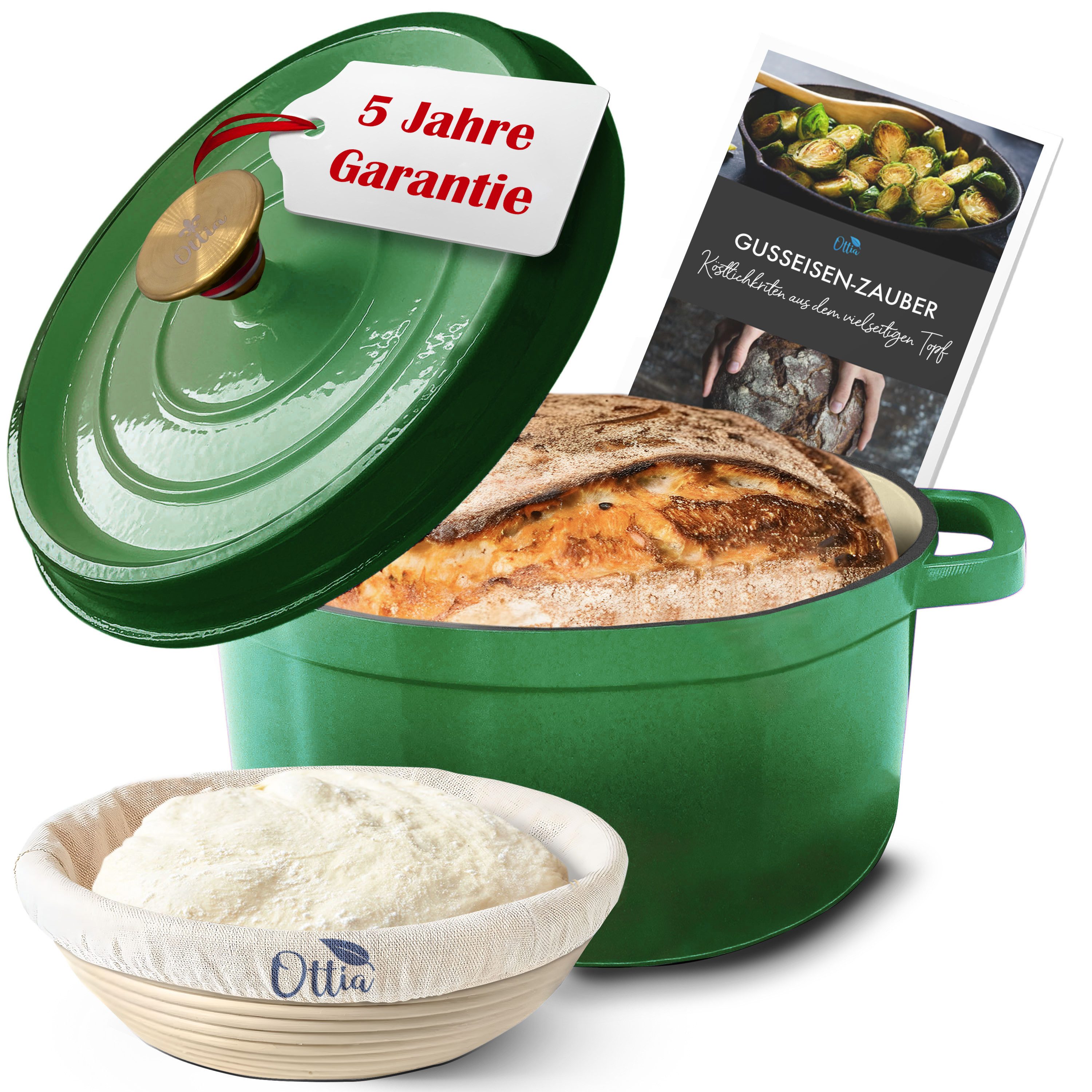 Ottia Schmortopf Gusseisen Topf, 26cm groß, 5L, Bräter, Brotbacktopf, alle Herdarten, Gusseisen, 3-fach Emaille (inkl. Zubehör (E-Rezeptbuch & Gärkorb), Händler aus Hamburg