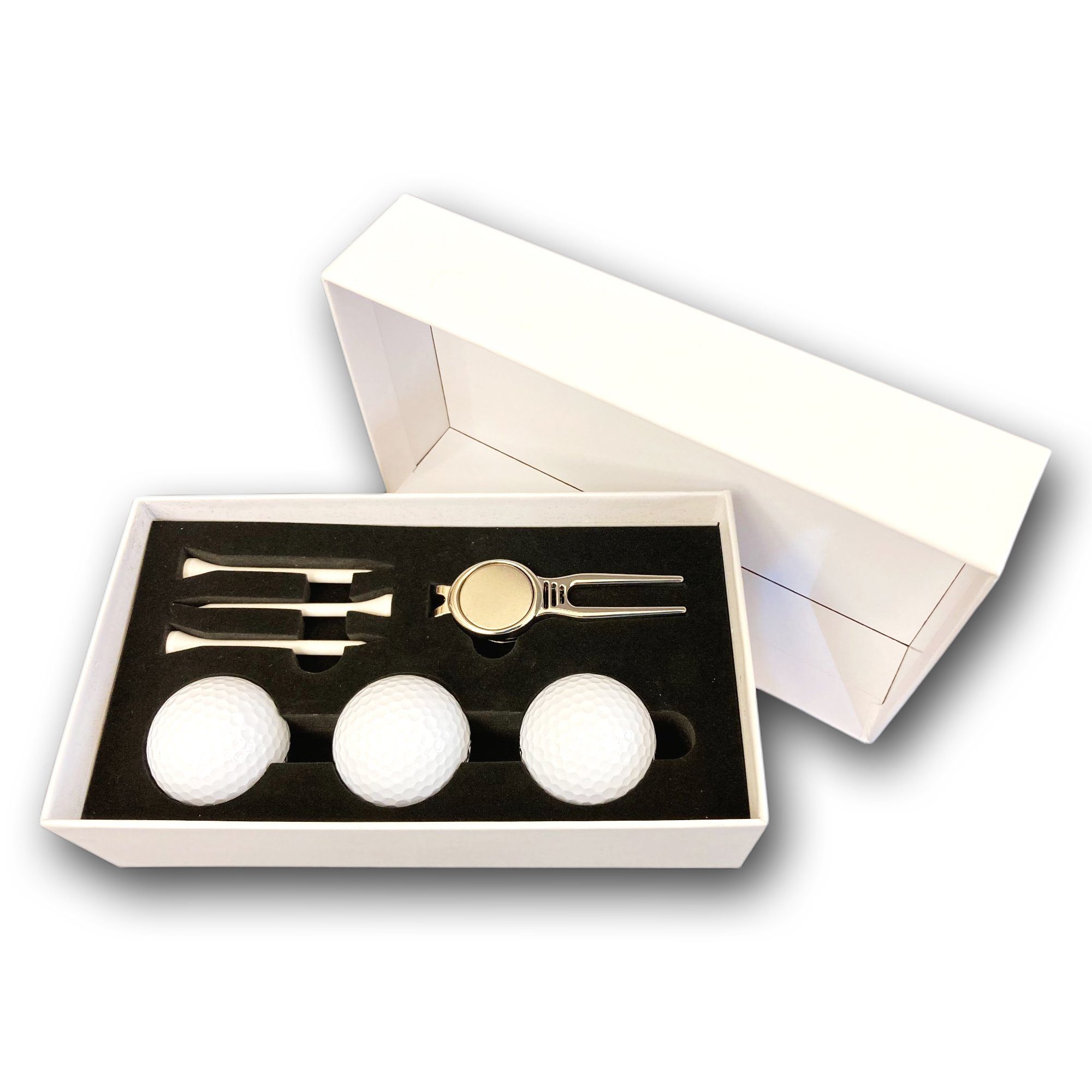 Lasernauten Golfball Golfball Set mit 3 Wilson Bällen, Pitchgabel und 3 Tees in Geschenkbox
