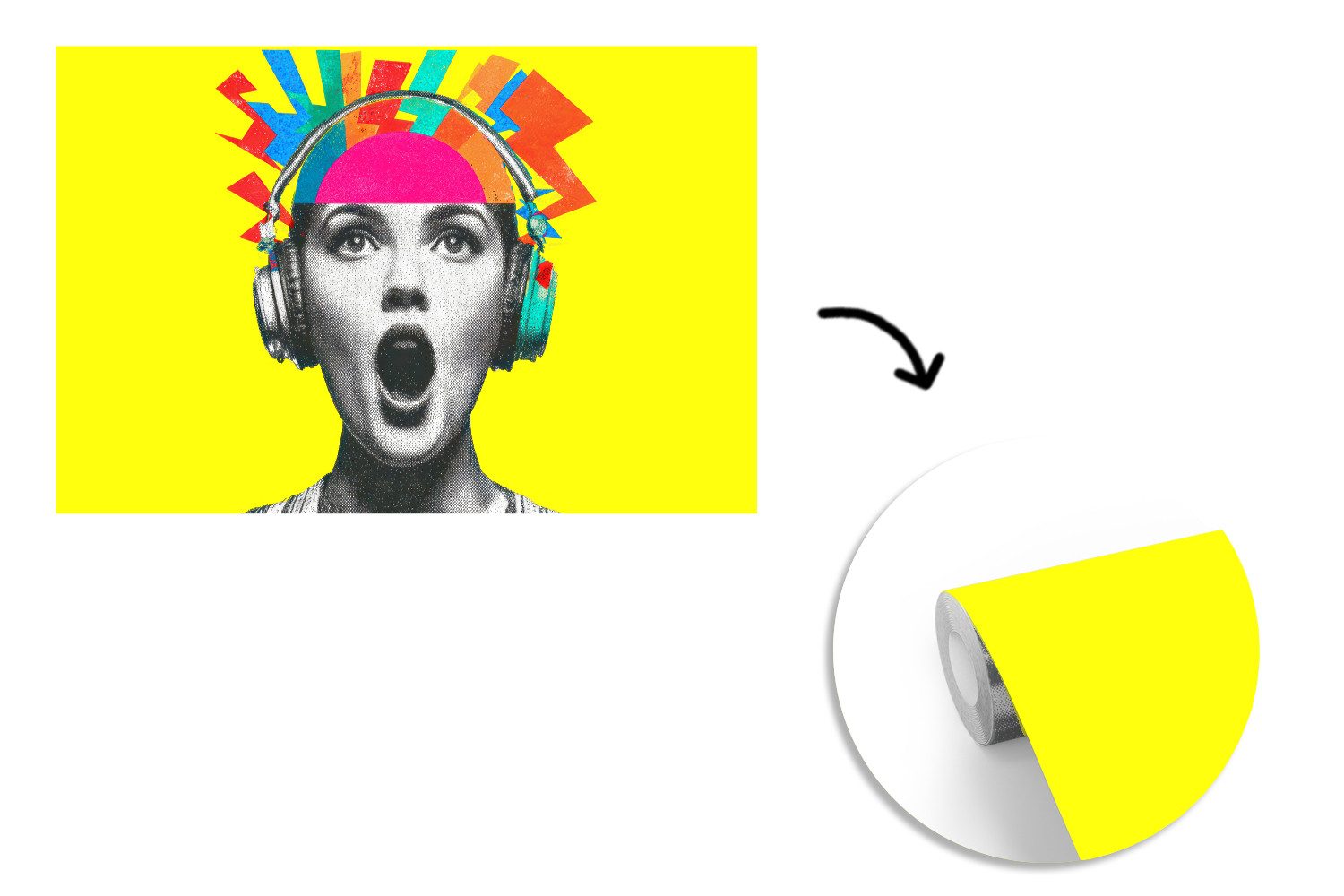 MuchoWow Fototapete Frau - Kopfhörer - Gelb, Matt, bedruckt, Vinyl Tapete für Wohnzimmer oder Schlafzimmer, Wandtapete, 435x260 cm