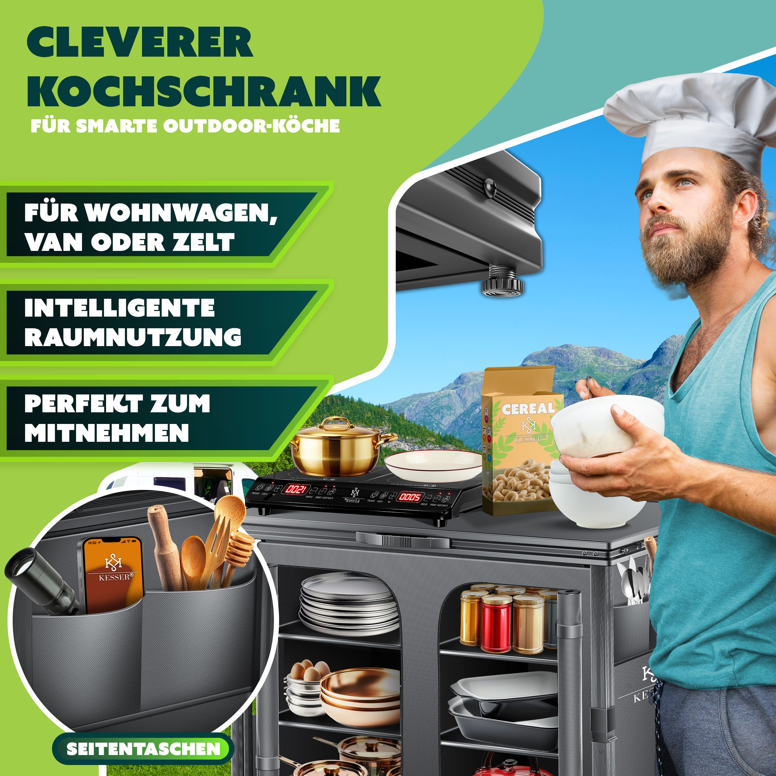 KESSER Campingschrank mit Aluminiumgestell Campingküche faltbar 84x80cm 6-Fachböden (Küchenschrank inkl. 4er Becherset, Seitentaschen & Fliegengitter) Outdoor C – Bild 3 von 5