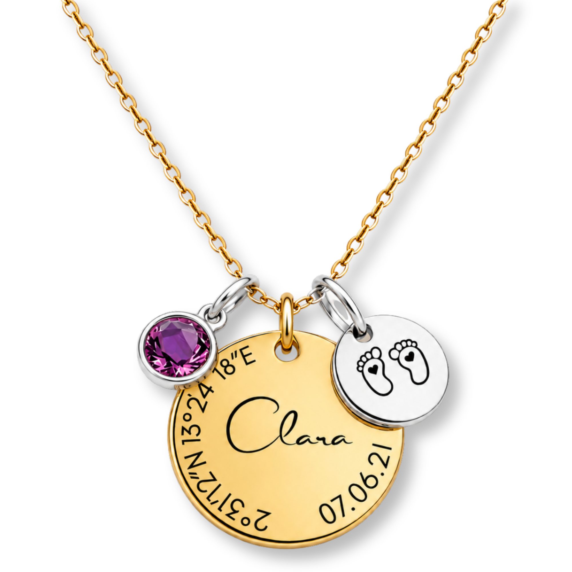 Kette mit Anhänger mit Gravur Personalisierte Halskette Damen Gravur Geburtsstein Koordinaten