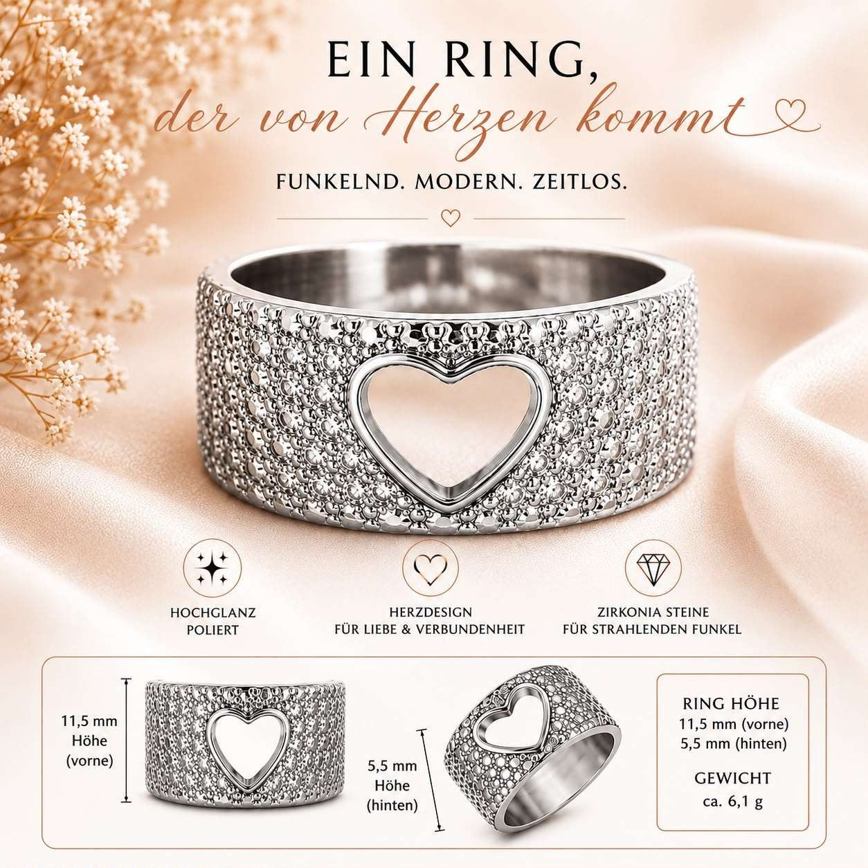Taffstyle Fingerring Damen Herz Ring Edelstahl Silber Zirkonia Kristalle Elegant Breit (Funkelnder Damenring mit Herz Design und glänzender Oberfläche - Geschenkidee), Perfektes Geschenk für Damen