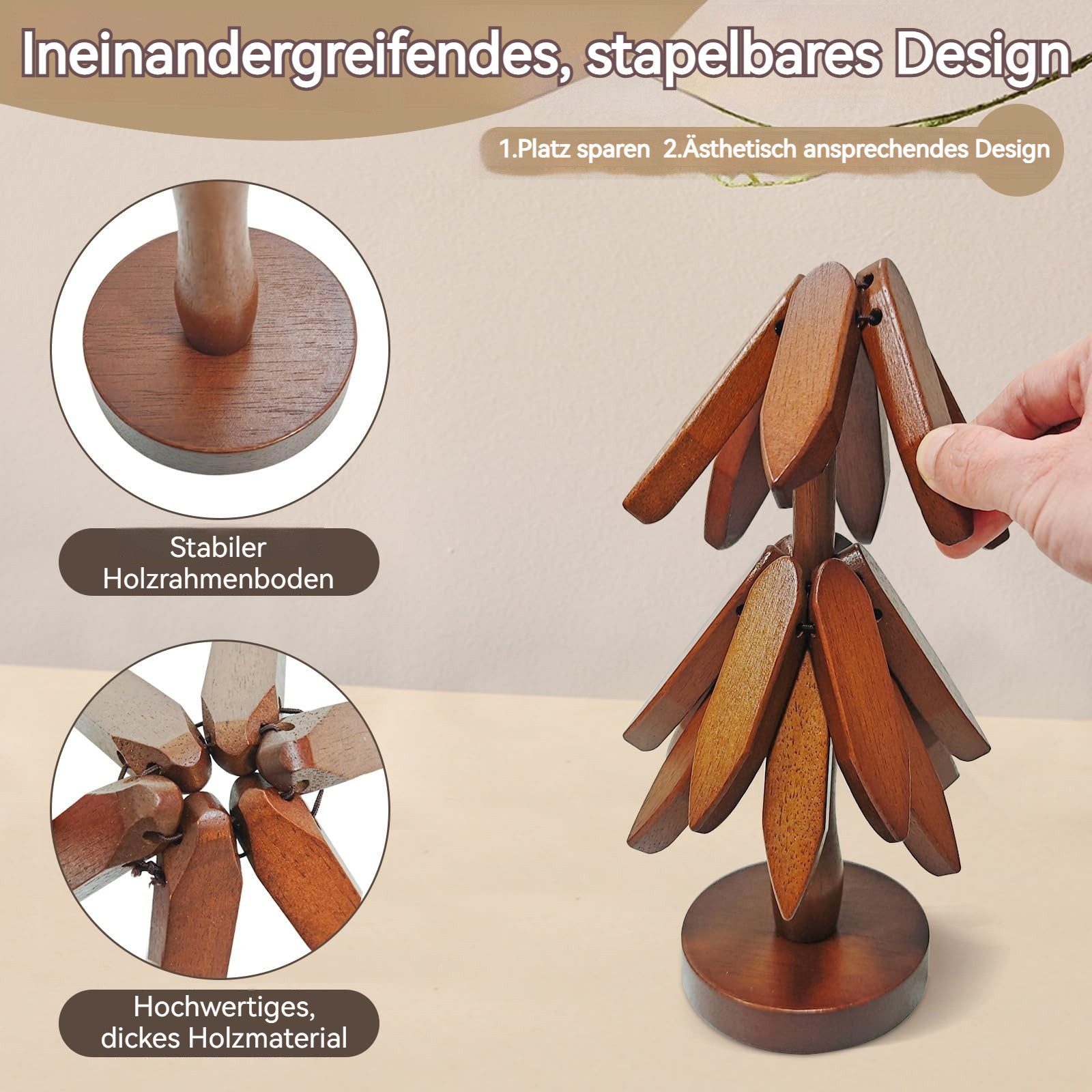 BlingBin Tassenuntersetzer Tischset Untersetzer aus Holz, Faltbar Topfuntersetzer Baumform, Zubehör für heiße Töpfe, Pfannen, Schüssel, 1er Set, 4-tlg., Baum Untersetzer für Pfannen Töpfe Schüsseln Besteck Schutz