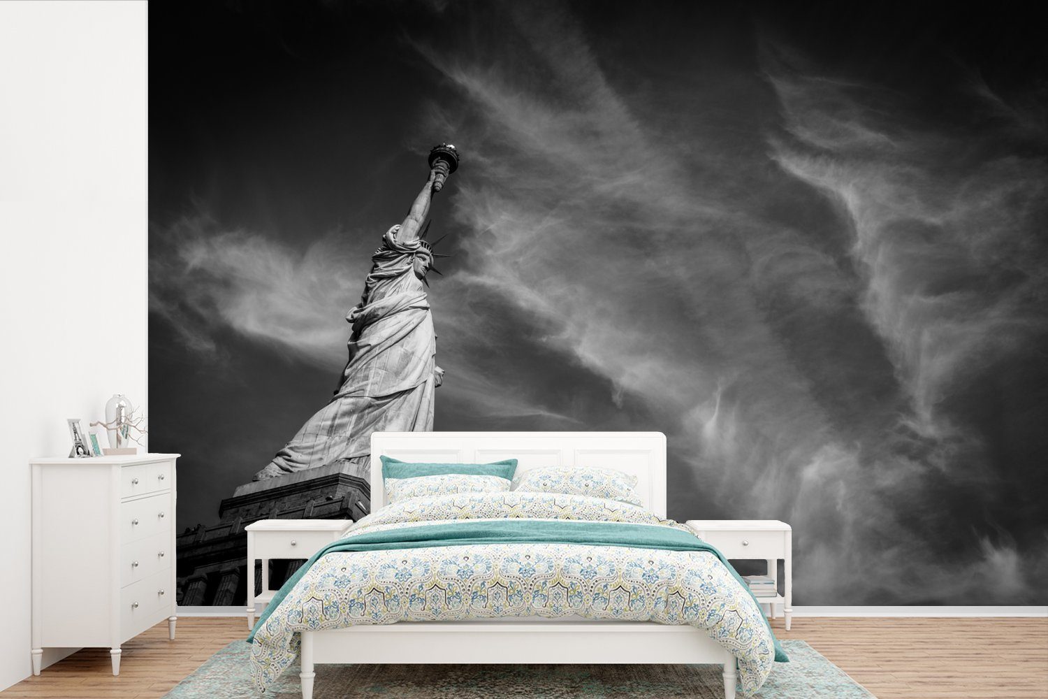 MuchoWow Fototapete Freiheitsstatue in New York in schwarz-weiß, Matt, bedruckt, (6 St), Wallpaper für Wohnzimmer, Schlafzimmer, Kinderzimmer, Vinyl Tapete
