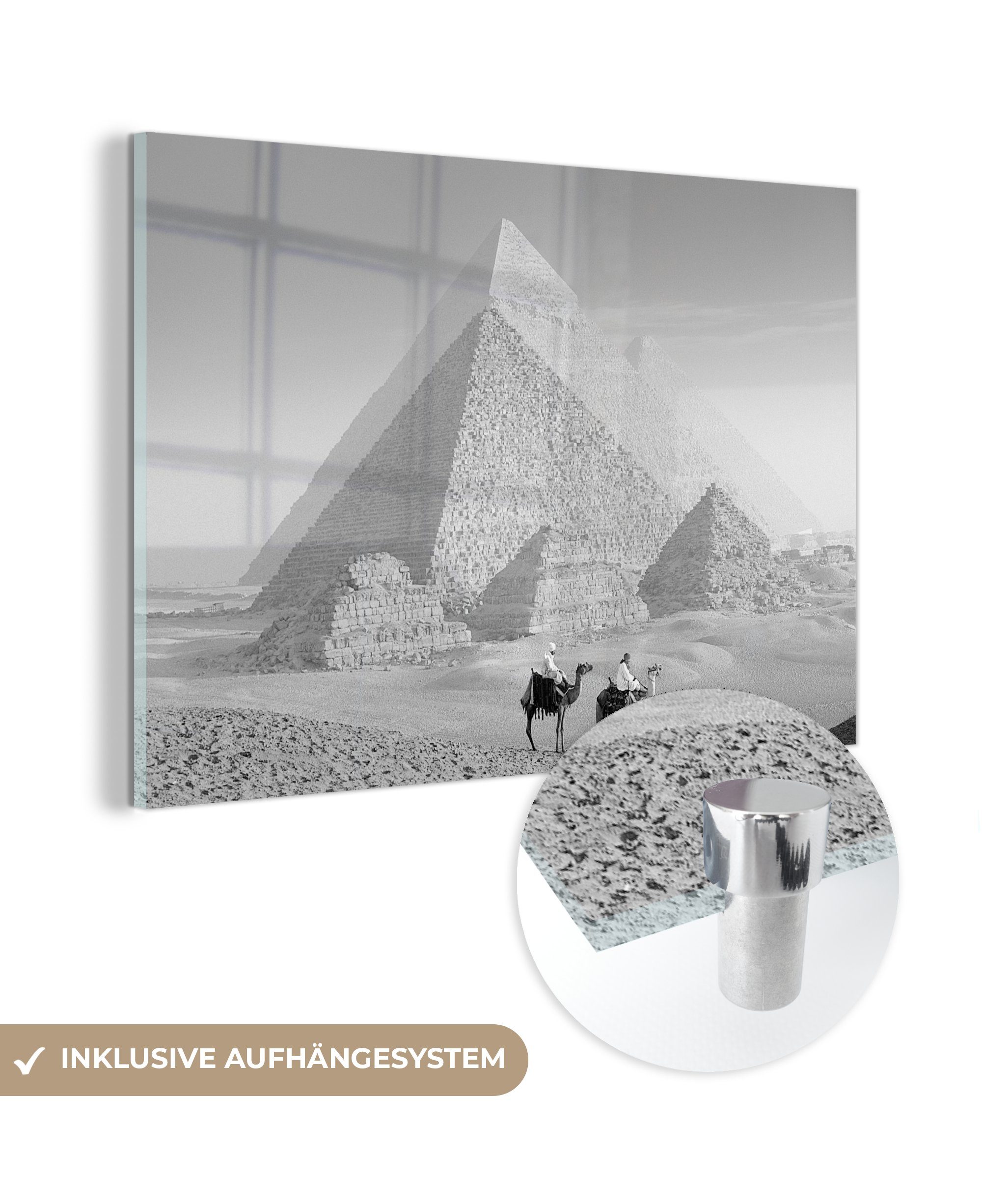 MuchoWow Acrylglasbild (1 Kamele Schlafzimmer St), Pyramiden weiß, & den und vor Wohnzimmer - von Acrylglasbilder Gizeh schwarz