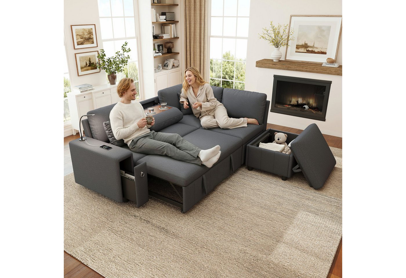 Merax Schlafsofa Ecksofa L-Form Sofa, 5-Sitzer Sofa mit Schlaffunktion, 1 Teile, Ausziehbares Sofa mit Hocker, Leselicht, Stauraum, USB, Type-C, Leinen