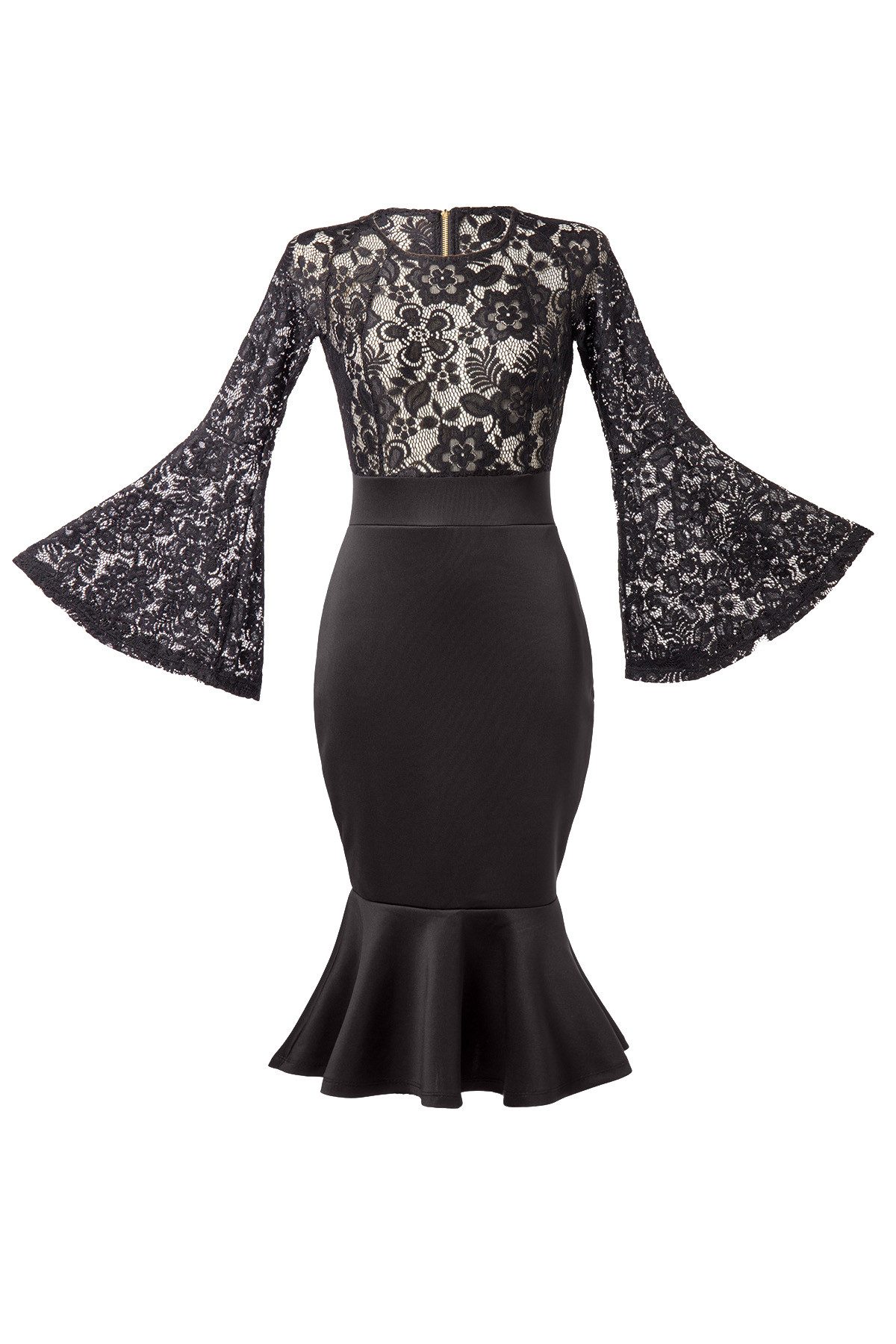 Atixo Minikleid Volant Damen Pencilkleid in schwarz mit Spitze Trompetenärmeln Vintage