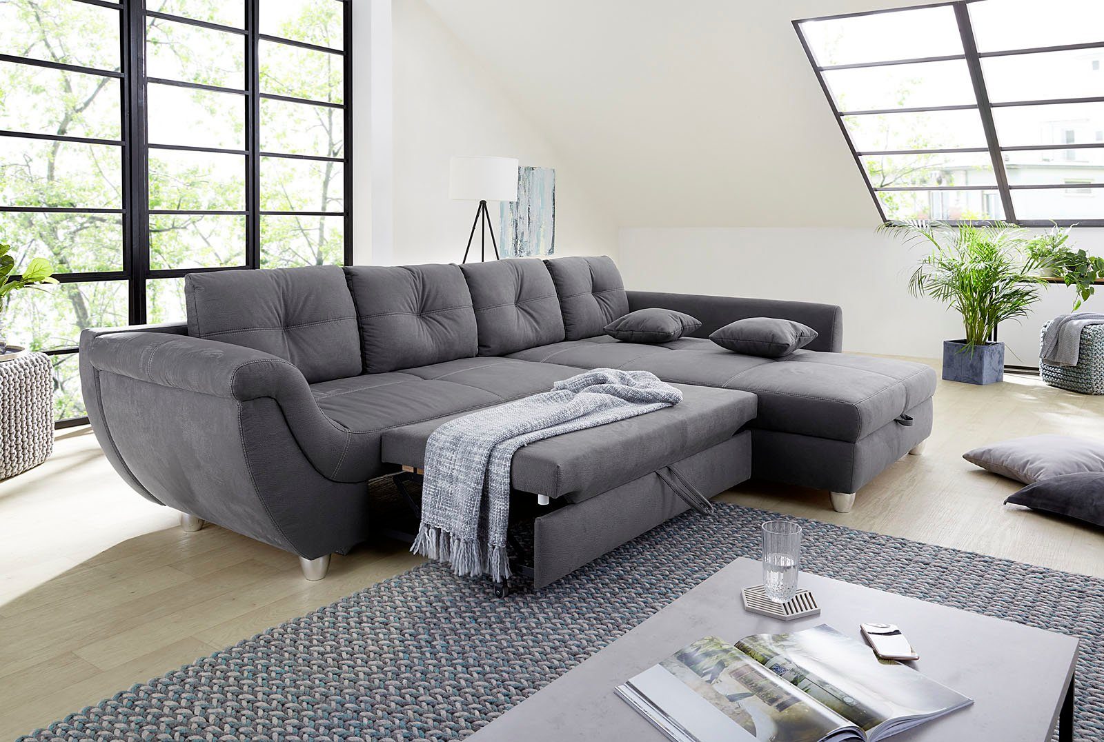 Nosagfederung und Gruppe Gästebett- Relaxfunktion, großem Stauraum, Jockenhöfer Ecksofa mit Maranello, grau