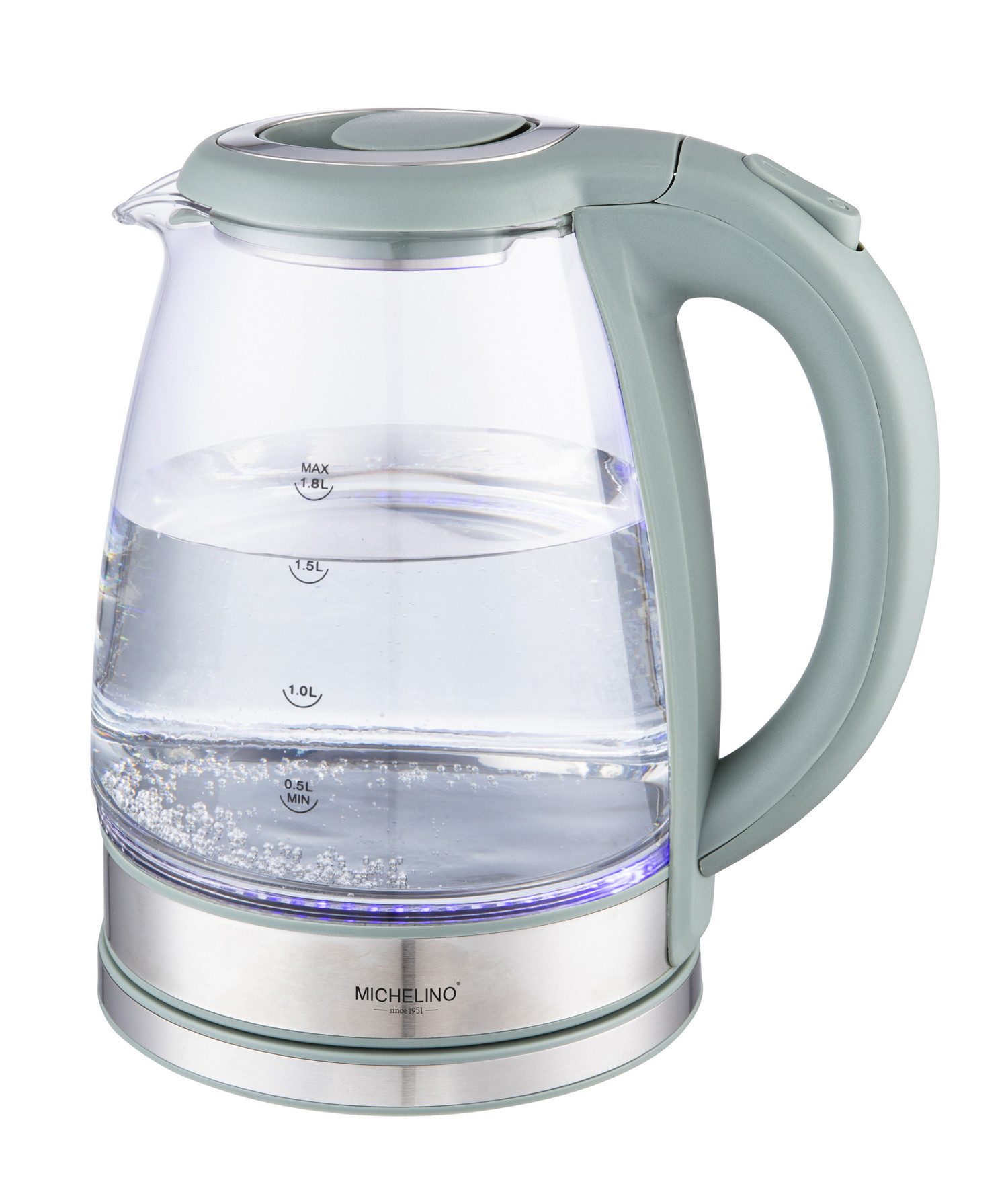 Michelino Wasserkocher Glaswasserkocher Glas-Heißwasserspender ALYTHIA, 1800,00 W, hochwertiges Borosilikatglas mit Edelstahl-Applikationen