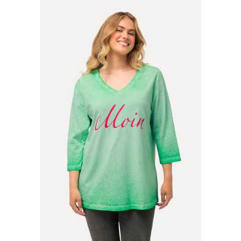 Ulla Popken Rundhalsshirt Shirt Moin Cold Dyed V-Ausschnitt 3/4-Arm