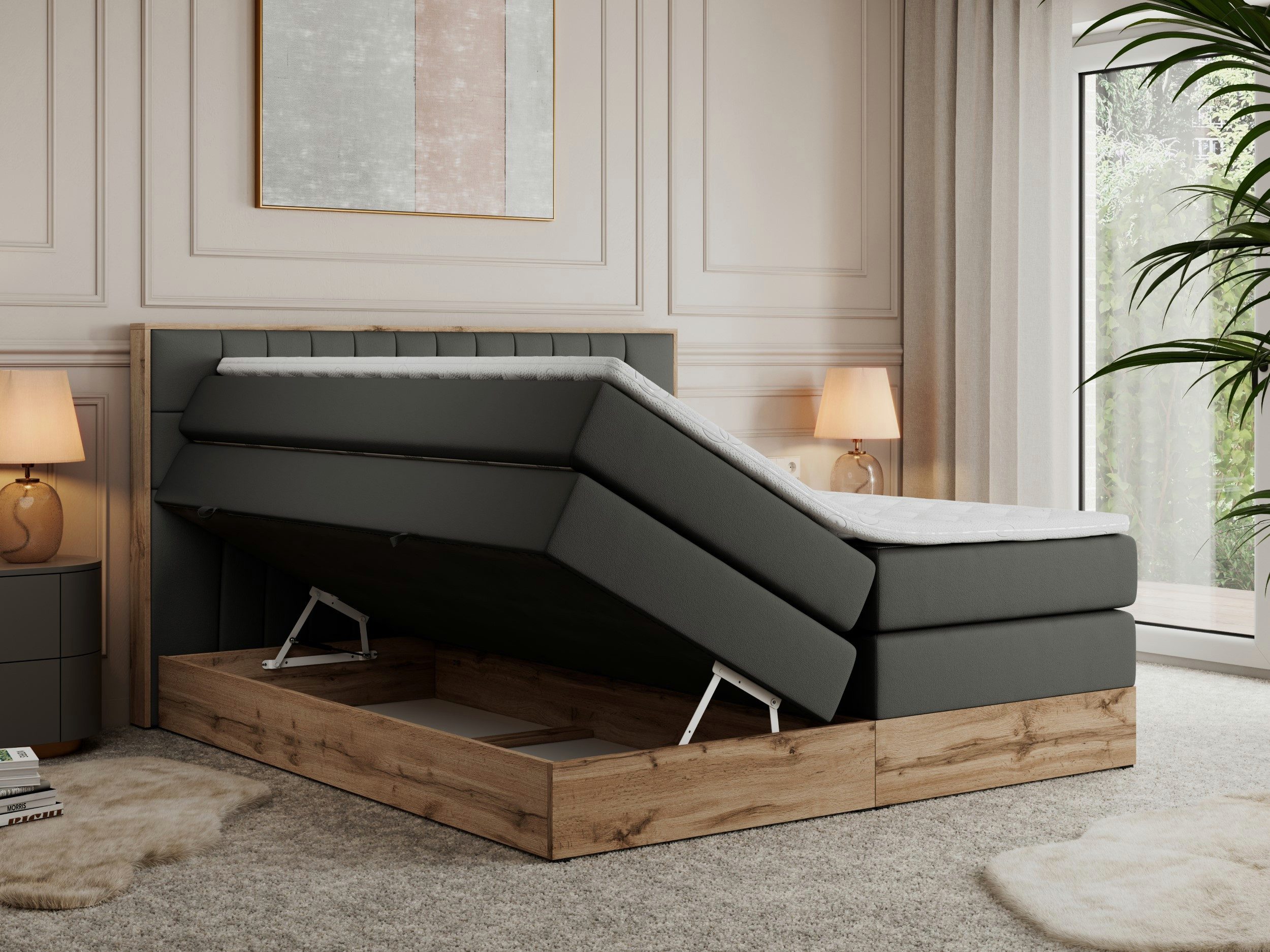 MKS MÖBEL Boxspringbett AMORE KING (Set, T30-Schaum, Topper T25/Visco, fünf Matratzen, zwei Bettkästen), mit Multipocket Matratzen, Boxspringbett, mit Möbelplatten