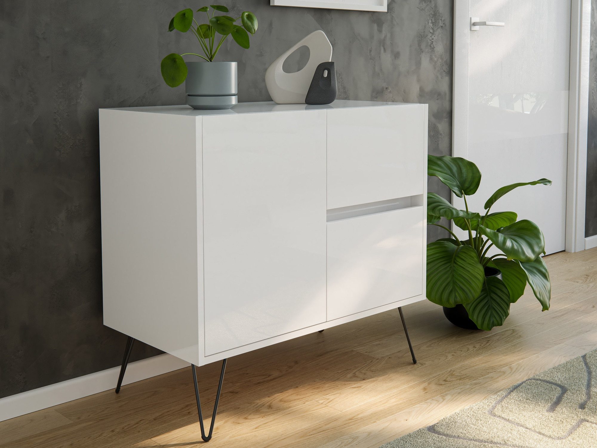 Kommode Sideboard Yako 80cm 2 SoftClose 1 Tür Weiß hochglanz